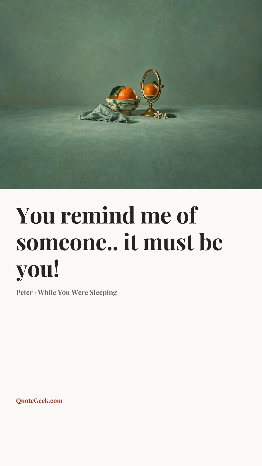 “You remind me of someone.. it must be you!” — Peter · While You Were Sleeping. Illustrated QuoteGeek card.