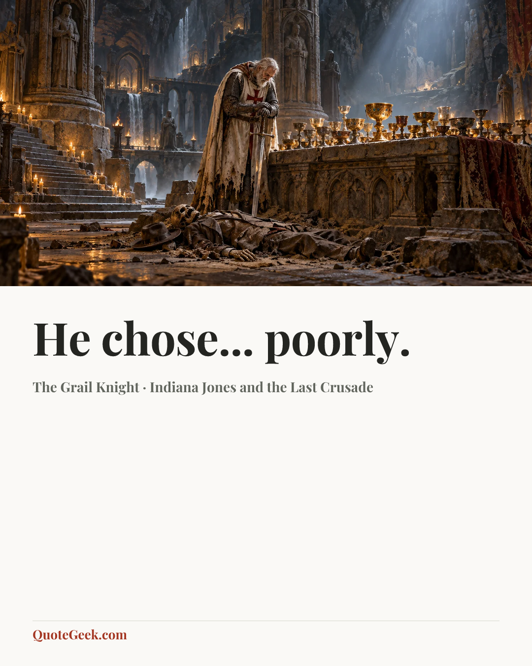 “He chose... poorly.” — The Grail Knight · Indiana Jones and the Last Crusade. Illustrated QuoteGeek card.