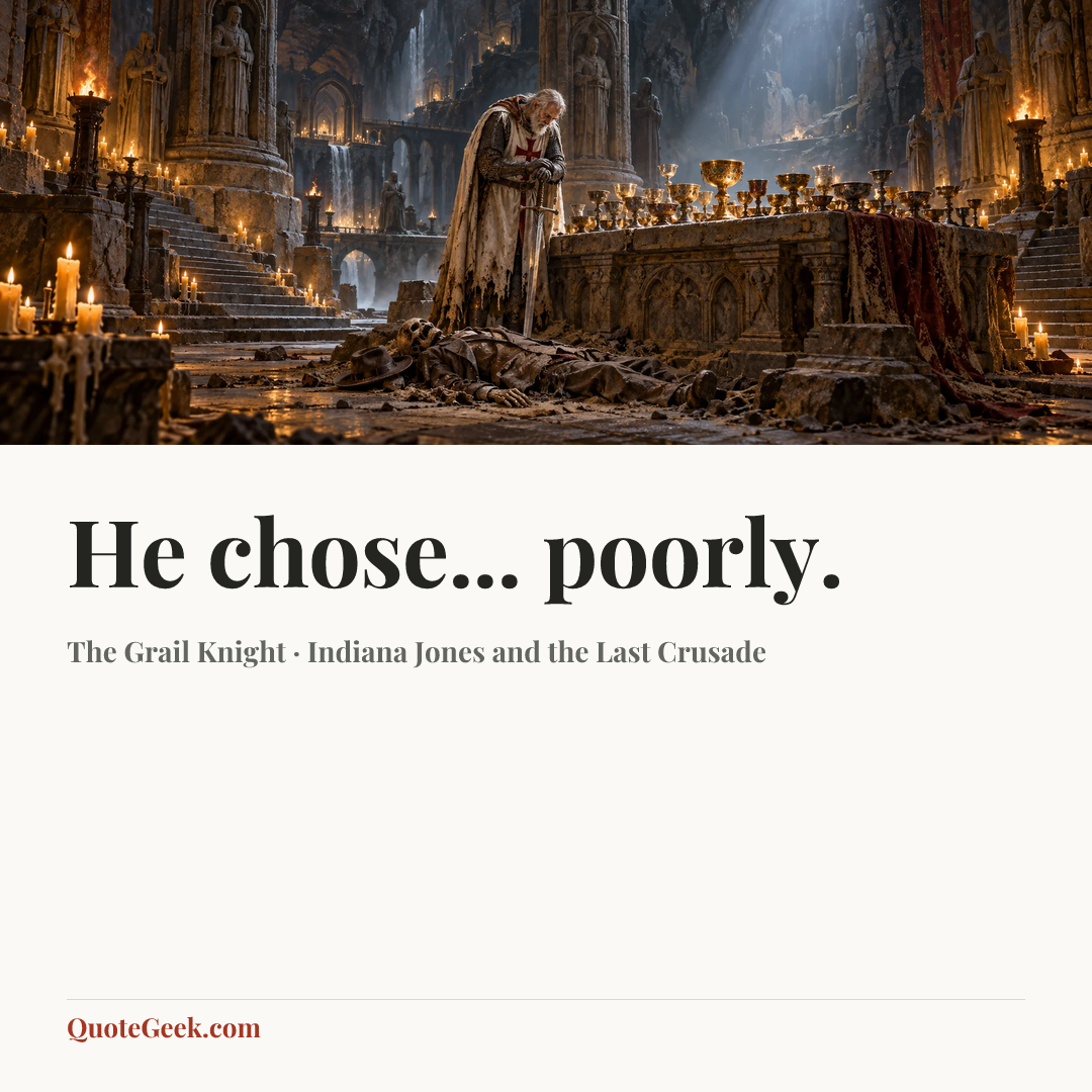 “He chose... poorly.” — The Grail Knight · Indiana Jones and the Last Crusade. Illustrated QuoteGeek card.