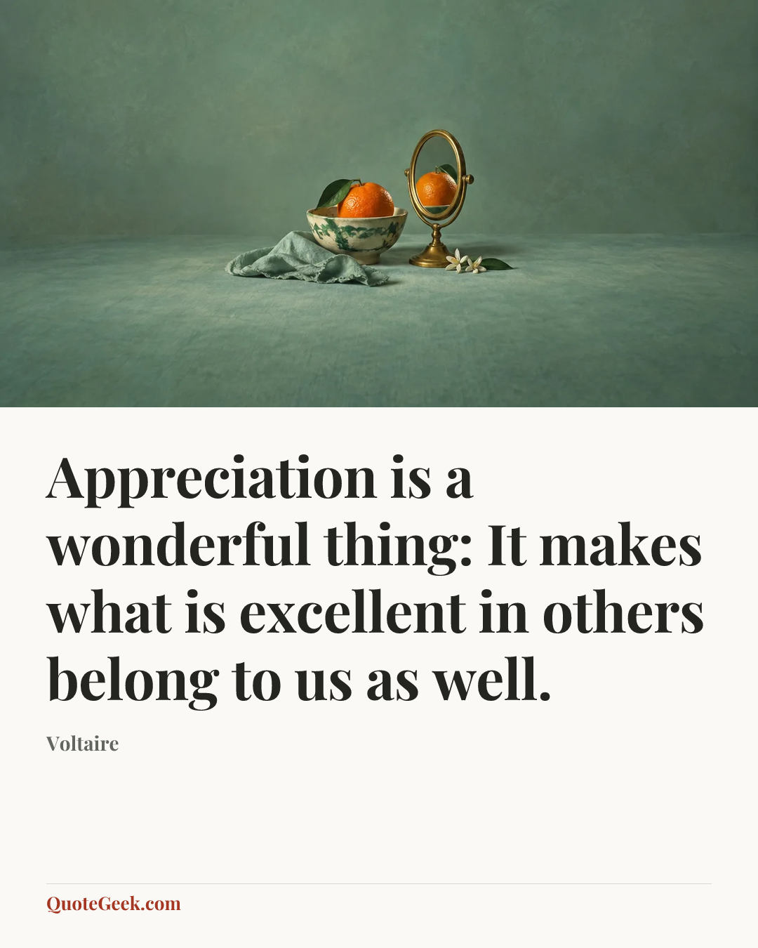 “Appreciation is a wonderful thing: It makes what is excellent in others belong to us as well.” — Voltaire. Illustrated QuoteGeek card.