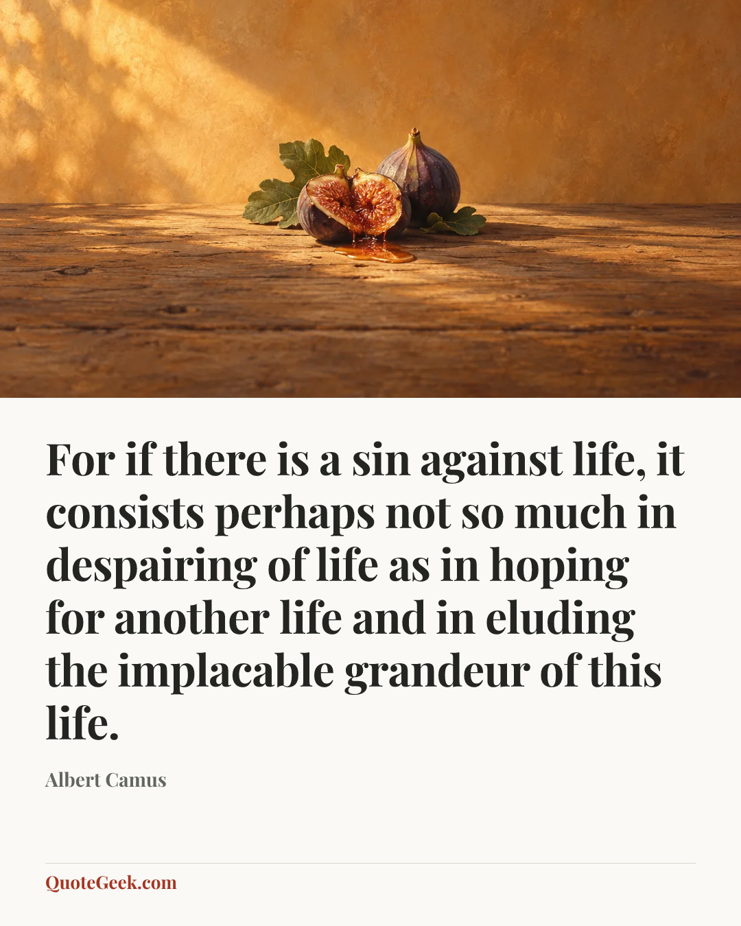 “For if there is a sin against life, it consists perhaps not so much in despairing of life as in hoping for another life and in eluding the implacable grandeur of this life.” — Albert Camus. Illustrated QuoteGeek card.