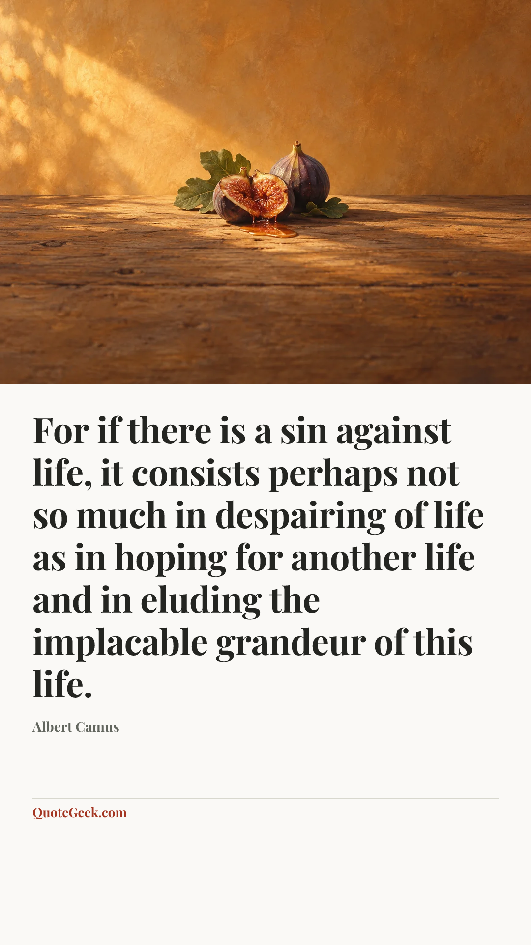 “For if there is a sin against life, it consists perhaps not so much in despairing of life as in hoping for another life and in eluding the implacable grandeur of this life.” — Albert Camus. Illustrated QuoteGeek card.