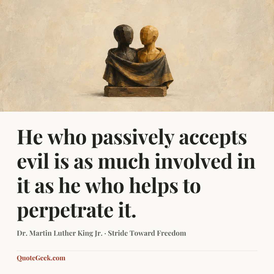 “He who passively accepts evil is as much involved in it as he who helps to perpetrate it.” — Dr. Martin Luther King Jr. · Stride Toward Freedom. Illustrated QuoteGeek card.