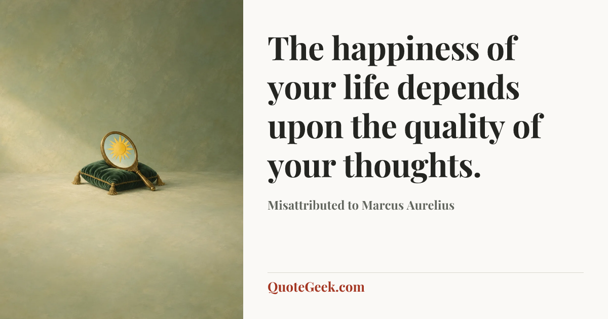 “The happiness of your life depends upon the quality of your thoughts.” — Misattributed to Marcus Aurelius. Illustrated QuoteGeek card.