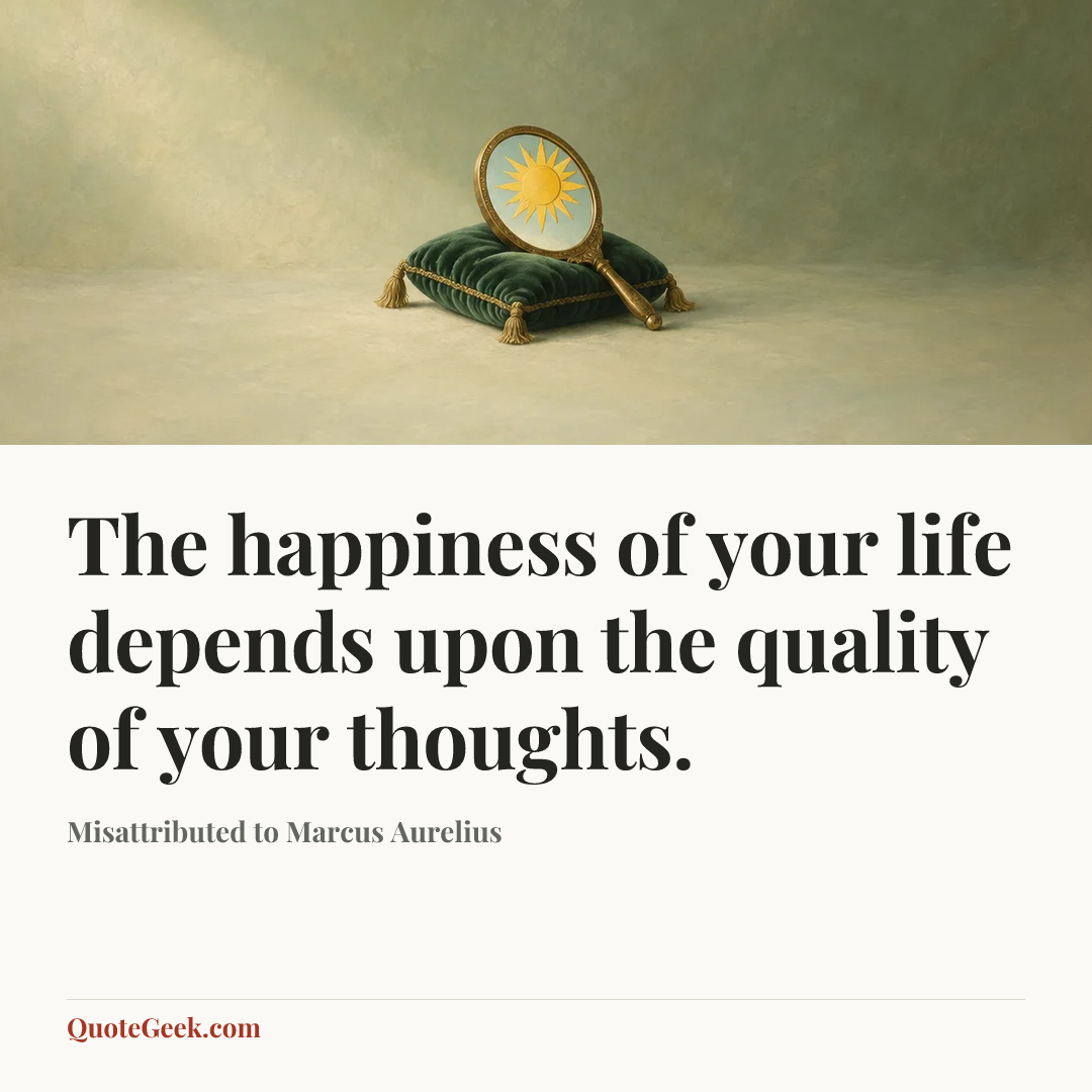 “The happiness of your life depends upon the quality of your thoughts.” — Misattributed to Marcus Aurelius. Illustrated QuoteGeek card.