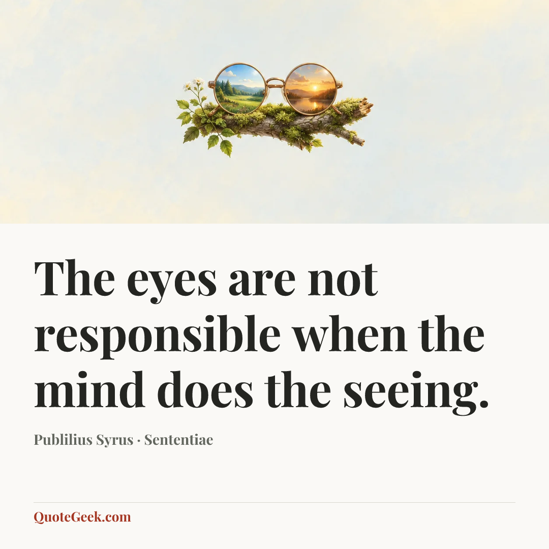 “The eyes are not responsible when the mind does the seeing.” — Publilius Syrus · Sententiae. Illustrated QuoteGeek card.