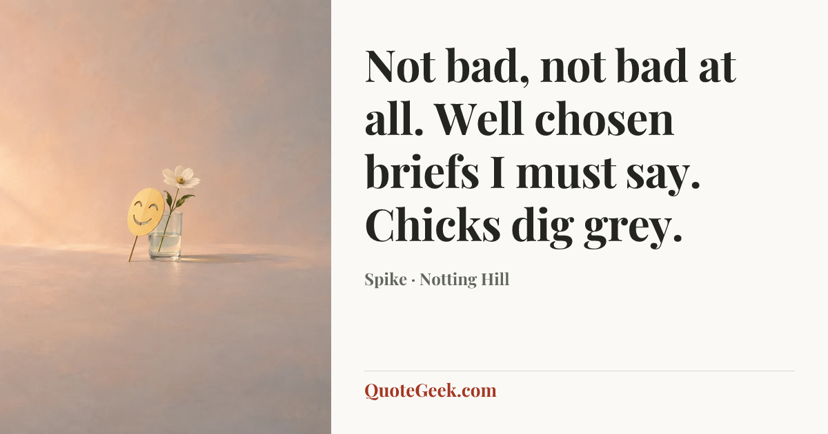 “Not bad, not bad at all. Well chosen briefs I must say. Chicks dig grey.” — Spike · Notting Hill. Illustrated QuoteGeek card.
