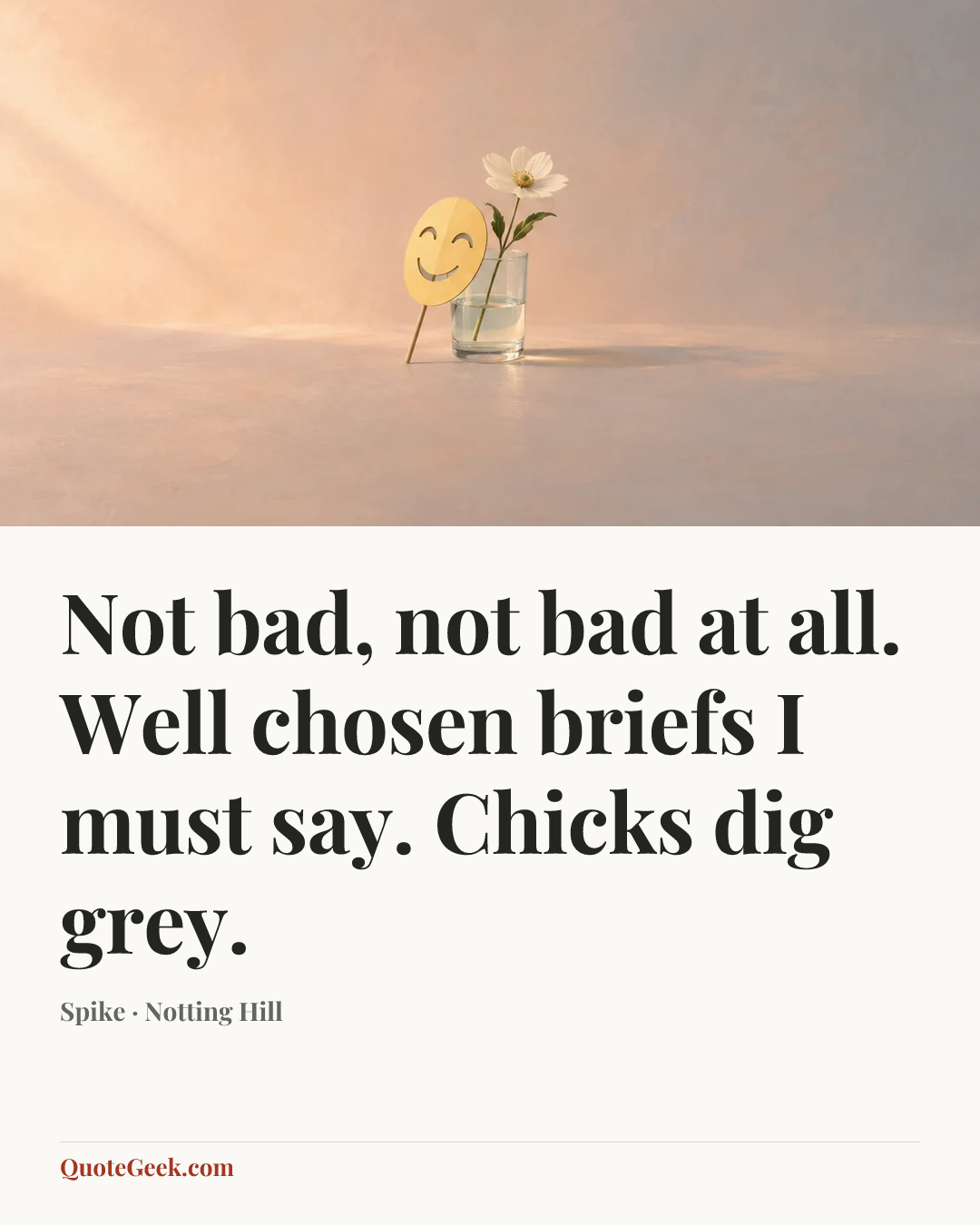 “Not bad, not bad at all. Well chosen briefs I must say. Chicks dig grey.” — Spike · Notting Hill. Illustrated QuoteGeek card.