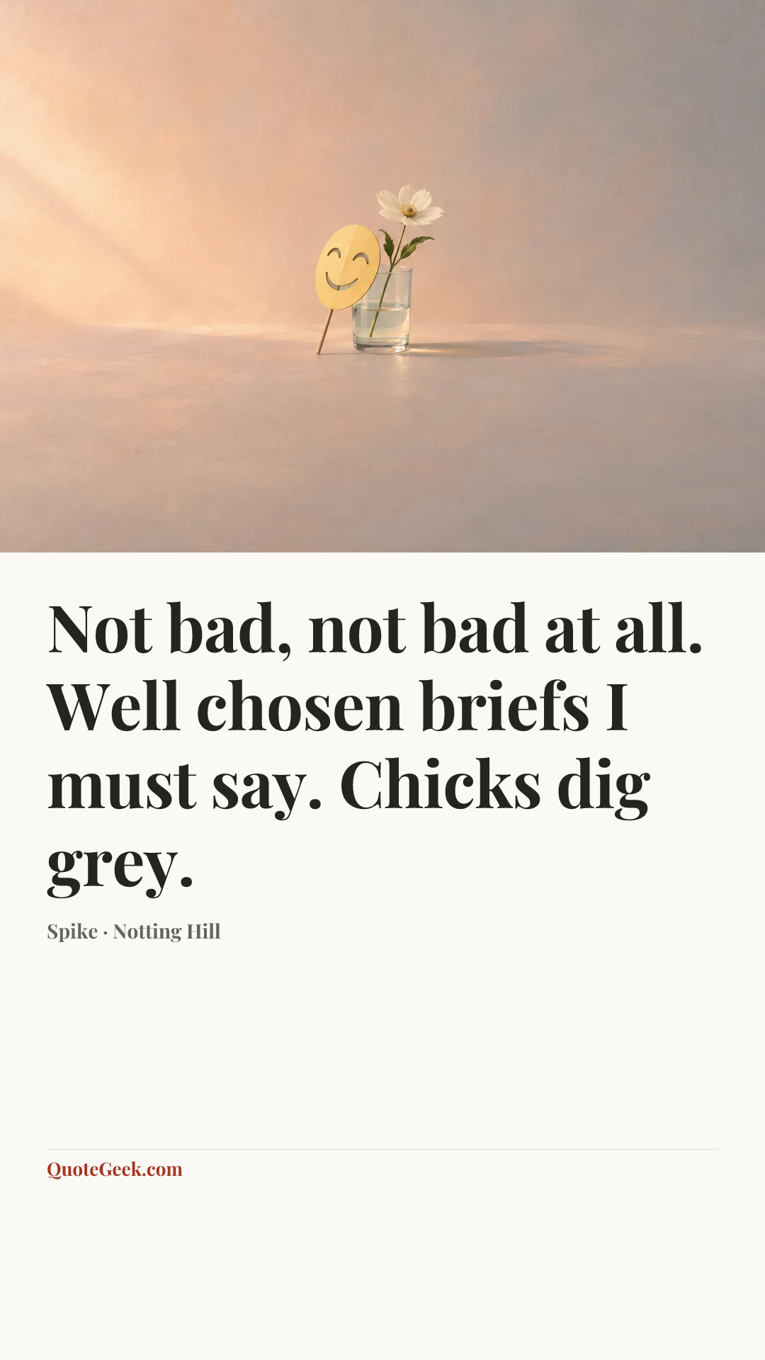 “Not bad, not bad at all. Well chosen briefs I must say. Chicks dig grey.” — Spike · Notting Hill. Illustrated QuoteGeek card.
