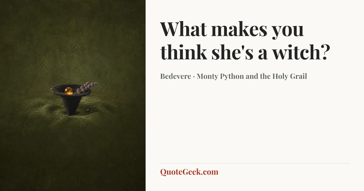 “What makes you think she's a witch?” — Bedevere · Monty Python and the Holy Grail. Illustrated QuoteGeek card.
