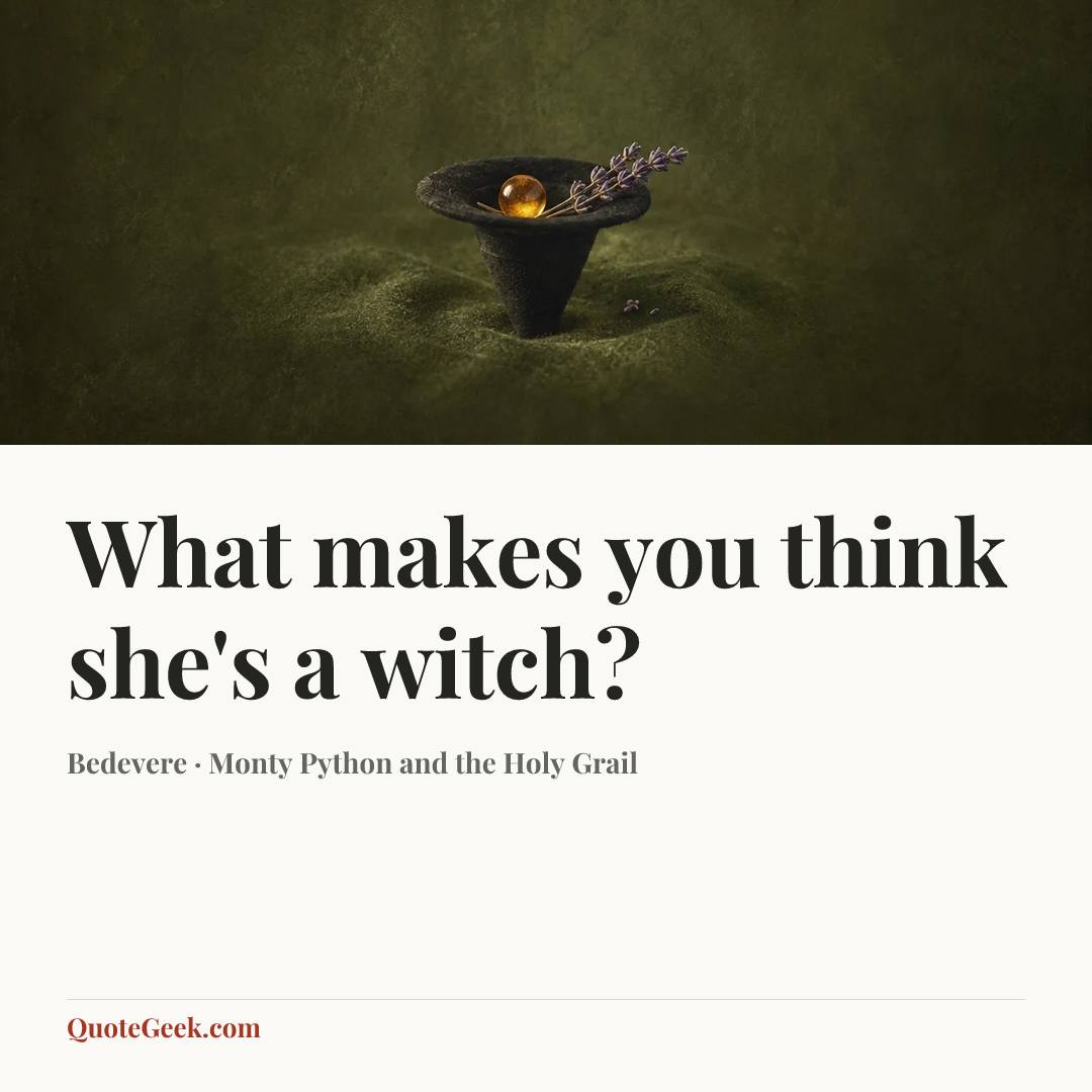 “What makes you think she's a witch?” — Bedevere · Monty Python and the Holy Grail. Illustrated QuoteGeek card.