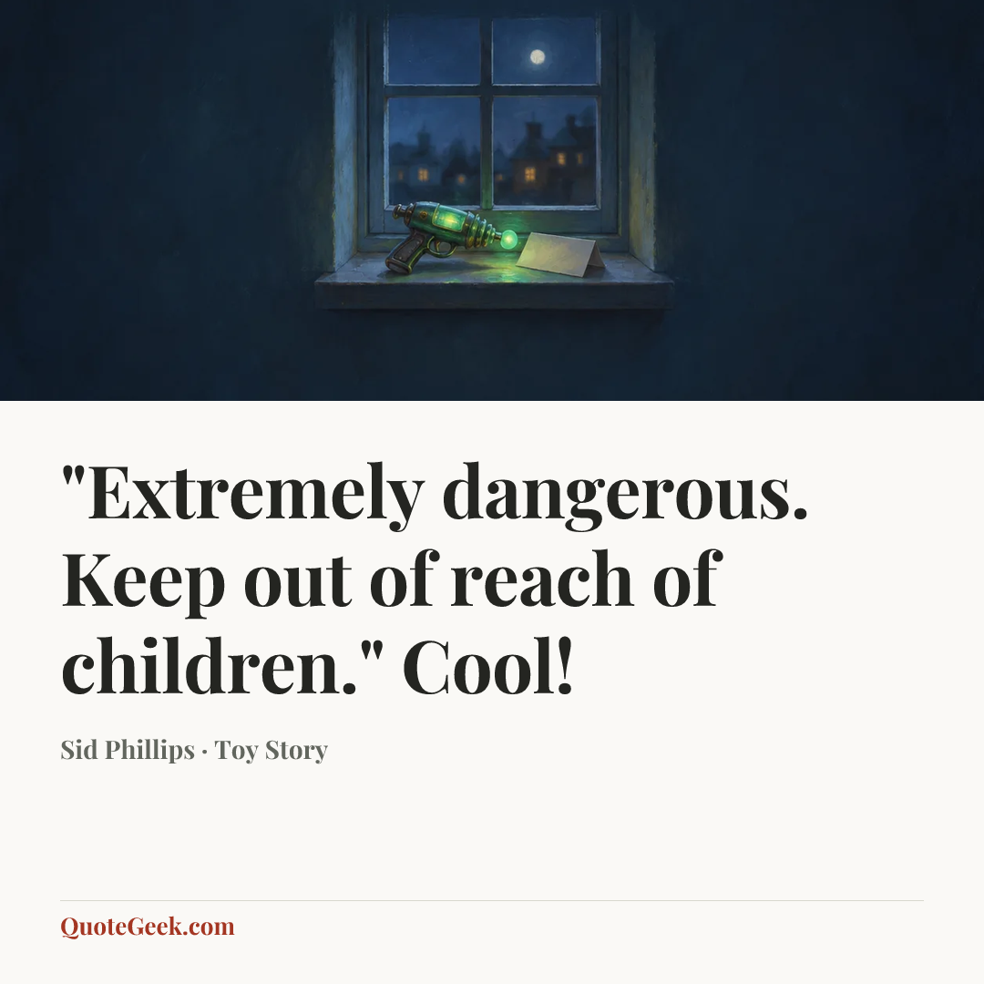 “"Extremely dangerous. Keep out of reach of children." Cool!” — Sid Phillips · Toy Story. Illustrated QuoteGeek card.