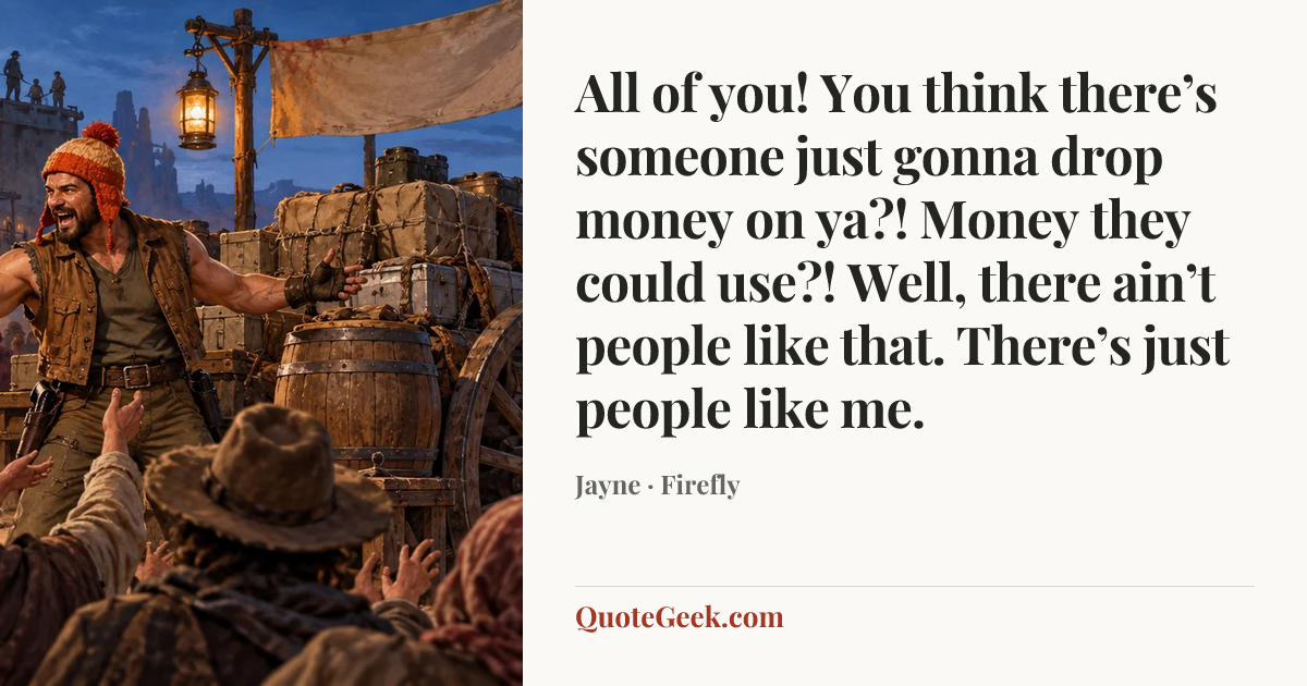 “All of you! You think there’s someone just gonna drop money on ya?! Money they could use?! Well, there ain’t people like that. There’s just people like me.” — Jayne · Firefly. Illustrated QuoteGeek card.