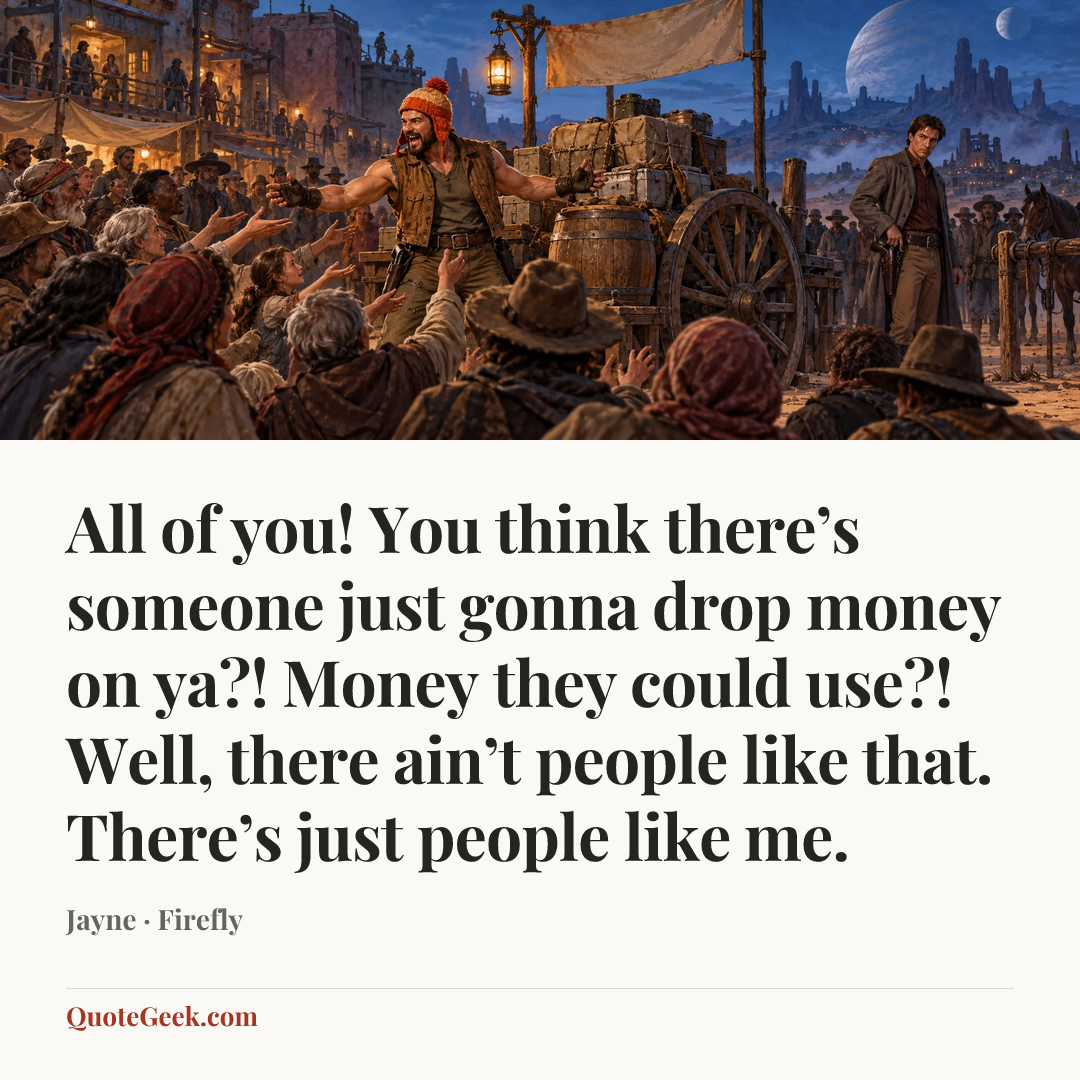 “All of you! You think there’s someone just gonna drop money on ya?! Money they could use?! Well, there ain’t people like that. There’s just people like me.” — Jayne · Firefly. Illustrated QuoteGeek card.