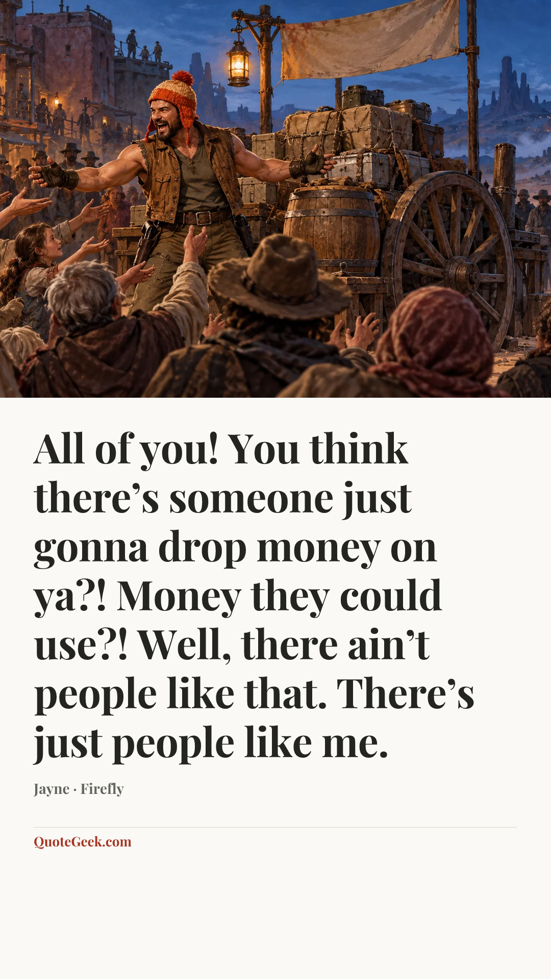 “All of you! You think there’s someone just gonna drop money on ya?! Money they could use?! Well, there ain’t people like that. There’s just people like me.” — Jayne · Firefly. Illustrated QuoteGeek card.