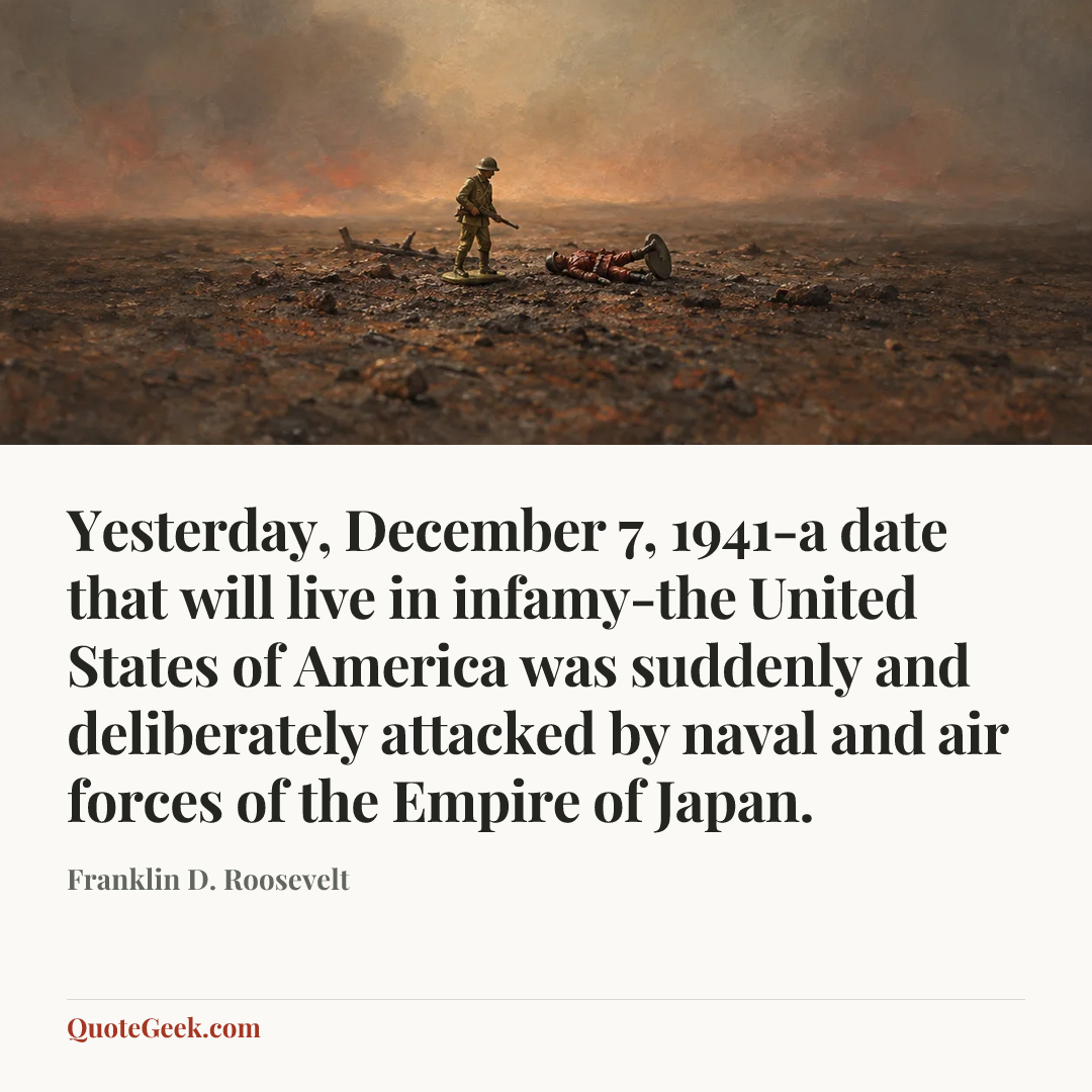 “Yesterday, December 7, 1941-a date that will live in infamy-the United States of America was suddenly and deliberately attacked by naval and air forces of the Empire of Japan.” — Franklin D. Roosevelt. Illustrated QuoteGeek card.