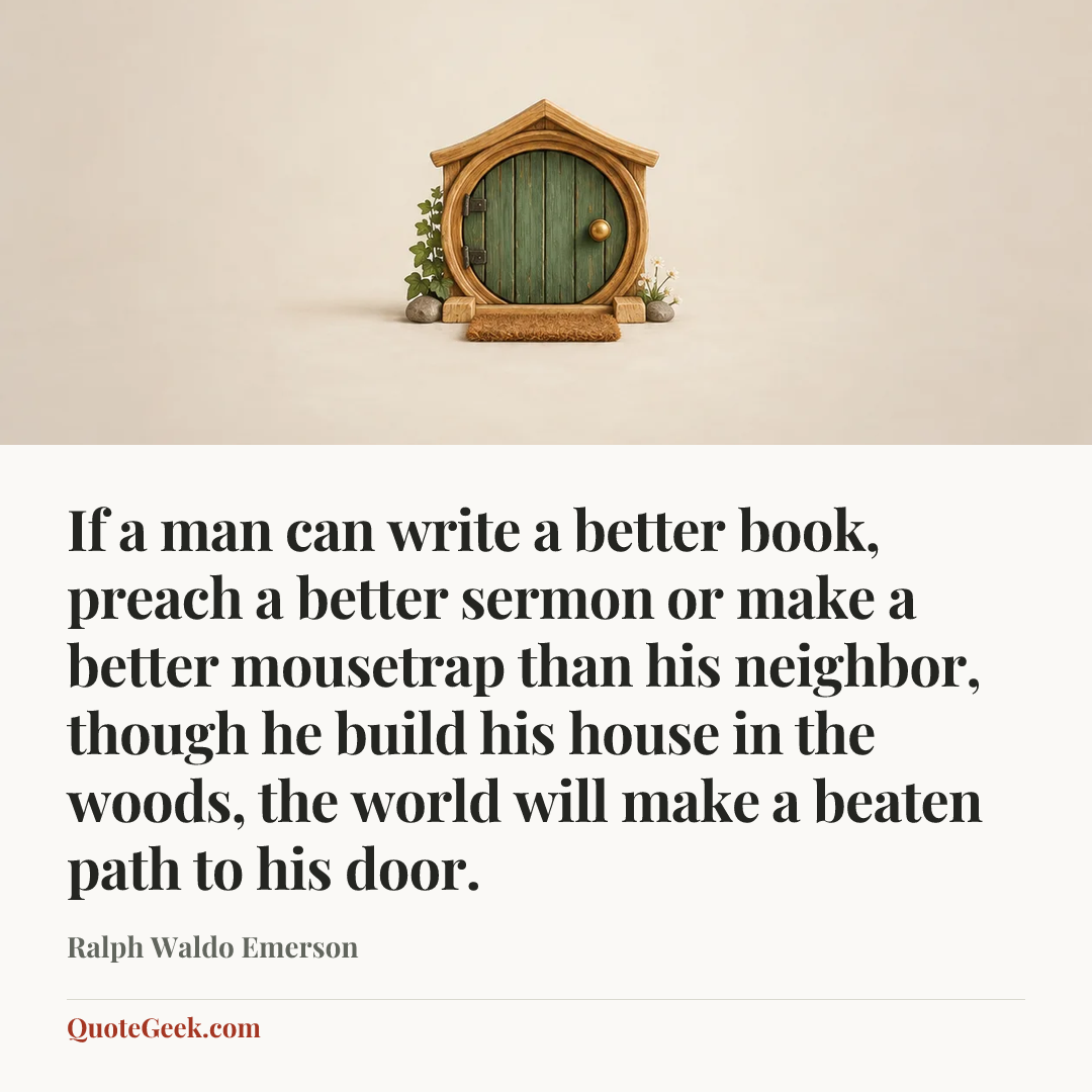 “If a man can write a better book, preach a better sermon or make a better mousetrap than his neighbor, though he build his house in the woods, the world will make a beaten path to his door.” — Ralph Waldo Emerson. Illustrated QuoteGeek card.