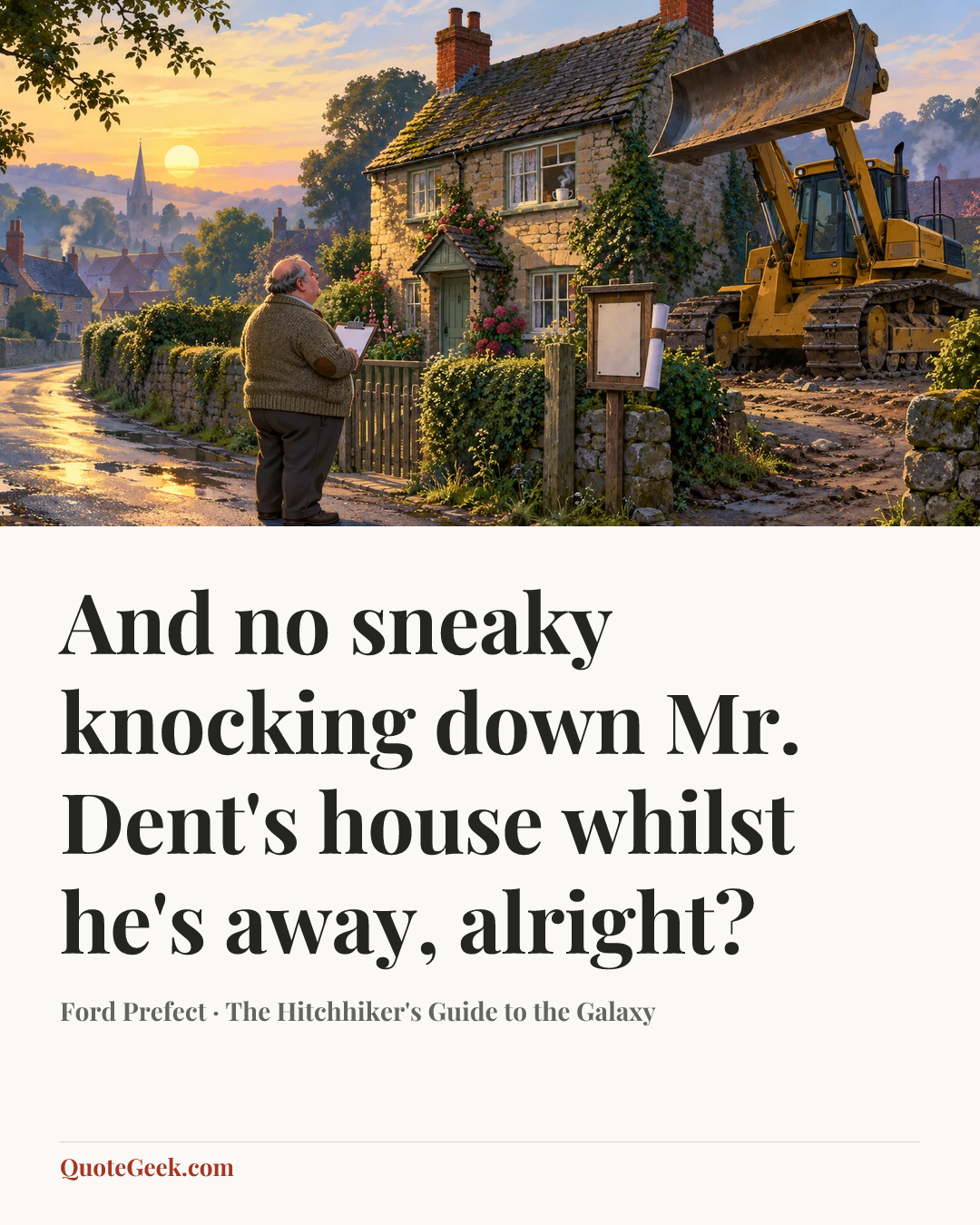 “And no sneaky knocking down Mr. Dent's house whilst he's away, alright?” — Ford Prefect · The Hitchhiker's Guide to the Galaxy. Illustrated QuoteGeek card.