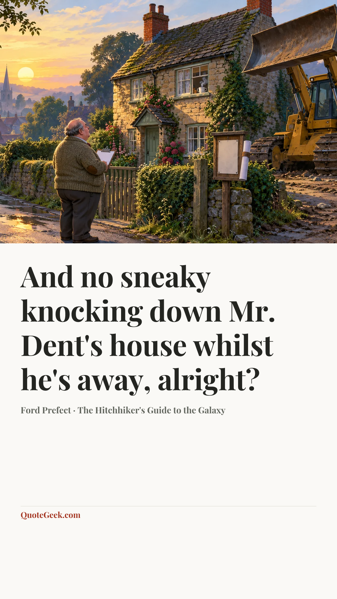“And no sneaky knocking down Mr. Dent's house whilst he's away, alright?” — Ford Prefect · The Hitchhiker's Guide to the Galaxy. Illustrated QuoteGeek card.