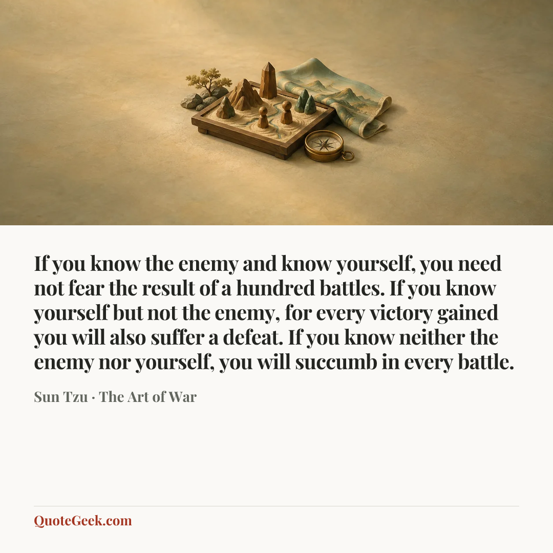 “If you know the enemy and know yourself, you need not fear the result of a hundred battles. If you know yourself but not the enemy, for every victory gained you will also suffer a defeat. If you know neither the enemy nor yourself, you will succumb in every battle.” — Sun Tzu · The Art of War. Illustrated QuoteGeek card.