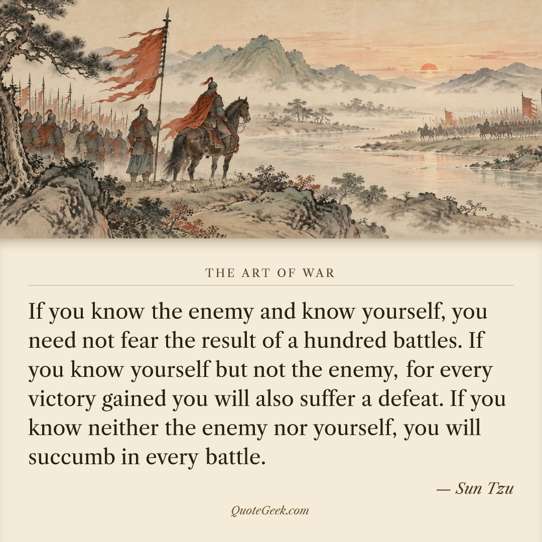 “If you know the enemy and know yourself, you need not fear the result of a hundred battles. If you know yourself but not the enemy, for every victory gained you will also suffer a defeat. If you know neither the enemy nor yourself, you will succumb in every battle.” — Sun Tzu · The Art of War. Illustrated QuoteGeek card.