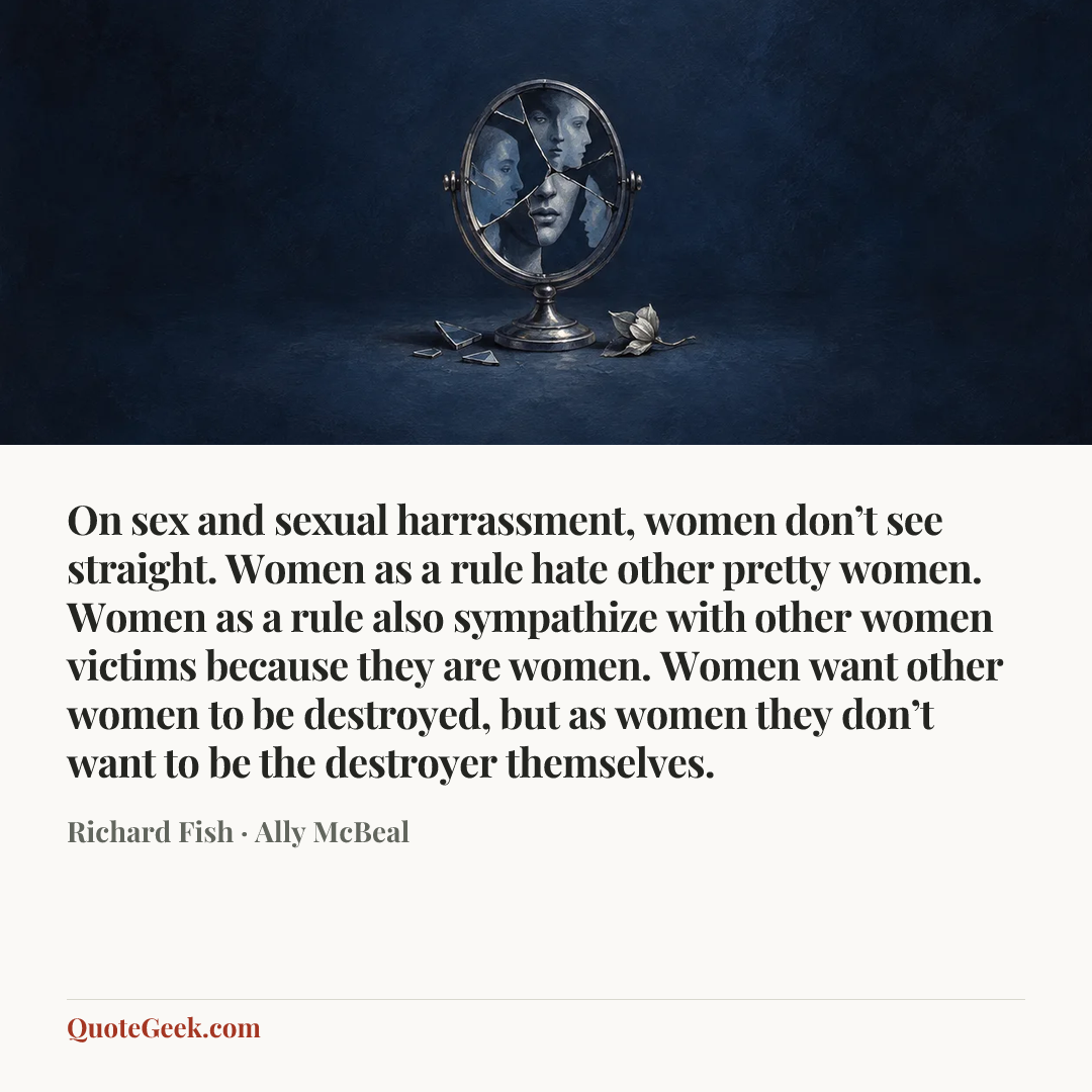 “On sex and sexual harrassment, women don’t see straight. Women as a rule hate other pretty women. Women as a rule also sympathize with other women victims because they are women. Women want other women to be destroyed, but as women they don’t want to be the destroyer themselves.” — Richard Fish · Ally McBeal. Illustrated QuoteGeek card.