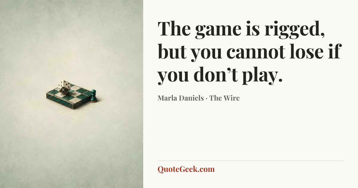 “The game is rigged, but you cannot lose if you don’t play.” — Marla Daniels · The Wire. Illustrated QuoteGeek card.