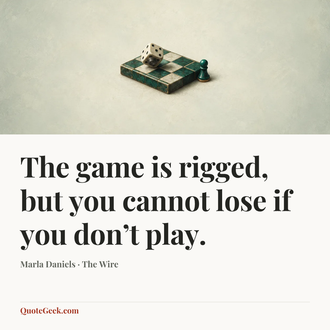 “The game is rigged, but you cannot lose if you don’t play.” — Marla Daniels · The Wire. Illustrated QuoteGeek card.