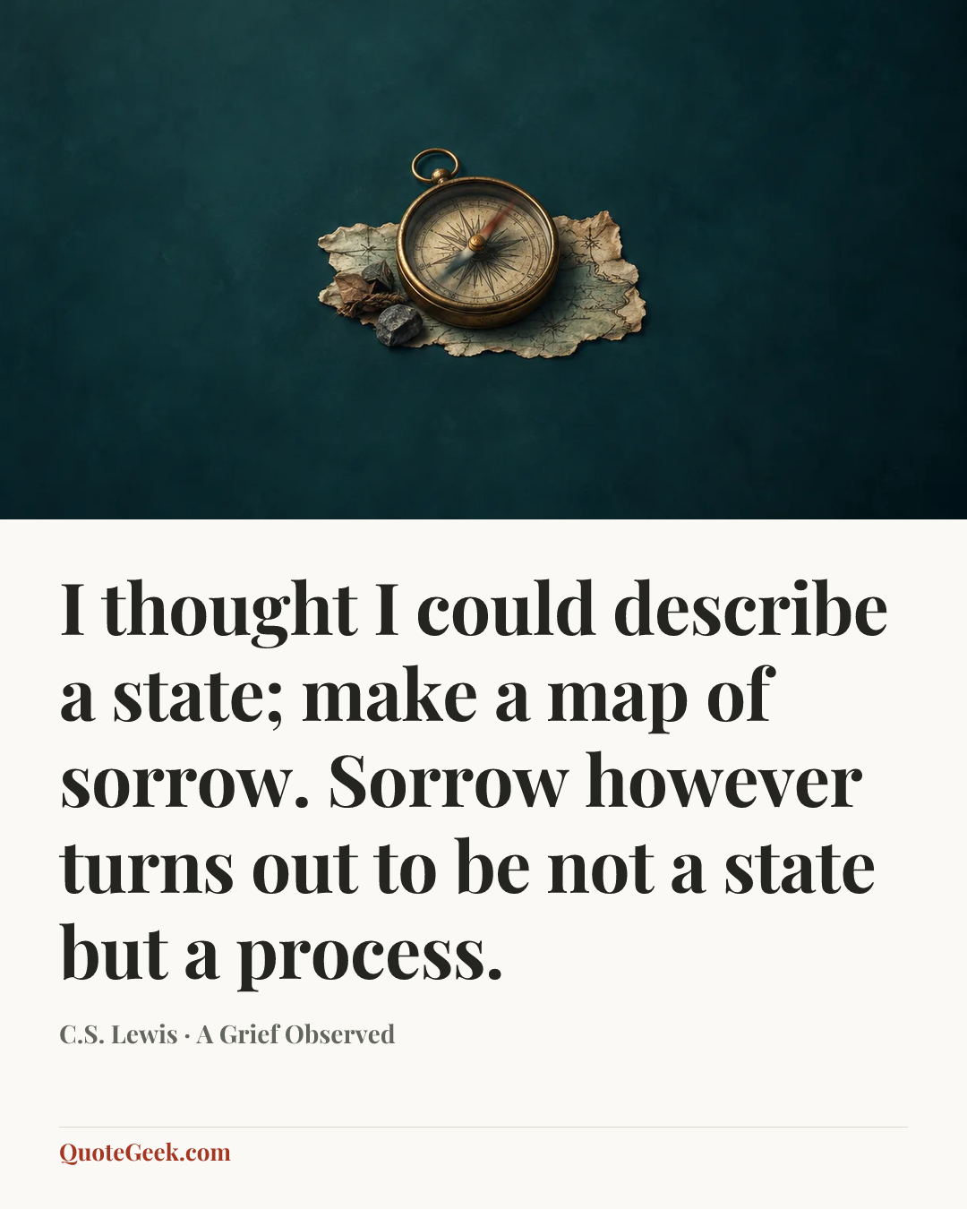 “I thought I could describe a state; make a map of sorrow. Sorrow however turns out to be not a state but a process.” — C.S. Lewis · A Grief Observed. Illustrated QuoteGeek card.