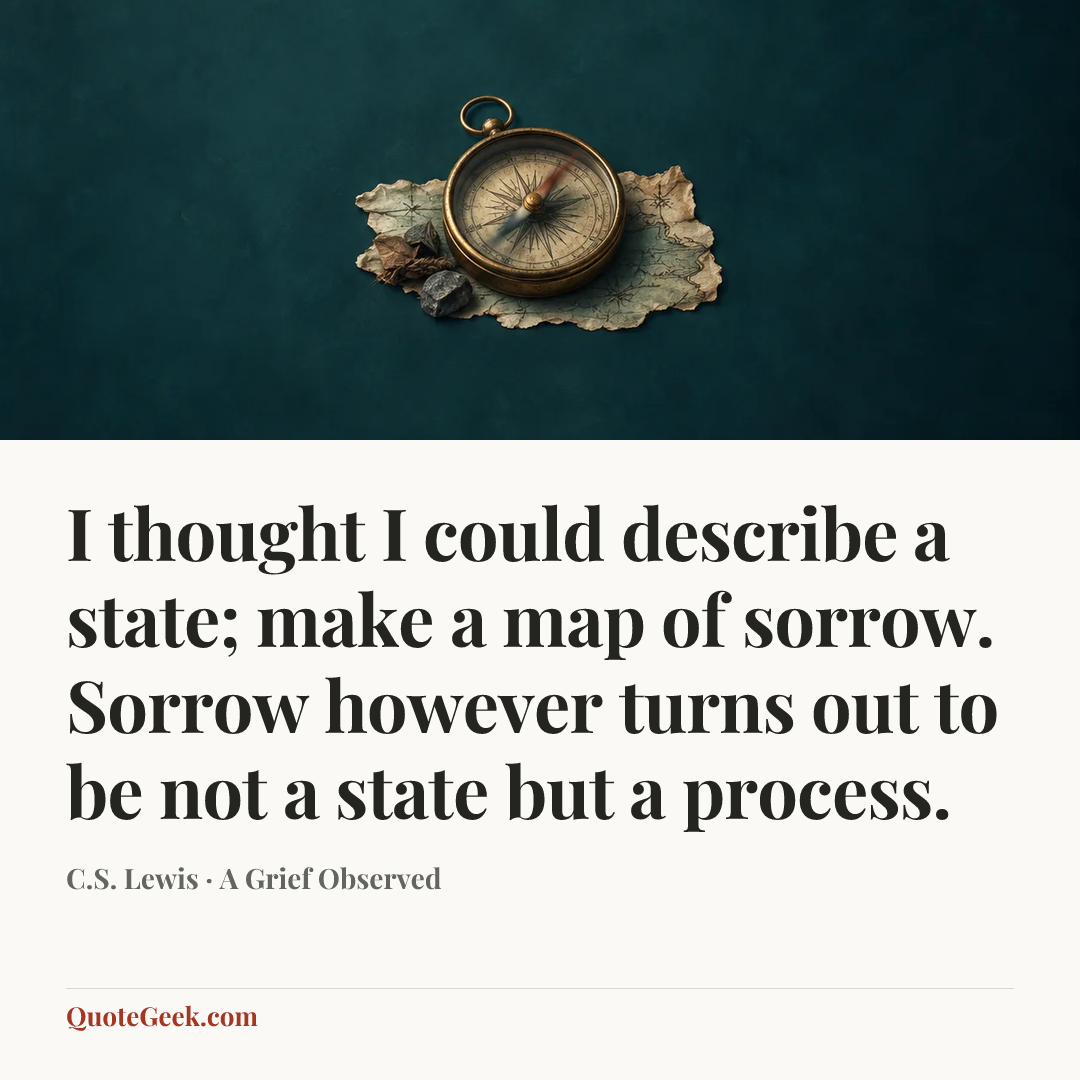 “I thought I could describe a state; make a map of sorrow. Sorrow however turns out to be not a state but a process.” — C.S. Lewis · A Grief Observed. Illustrated QuoteGeek card.