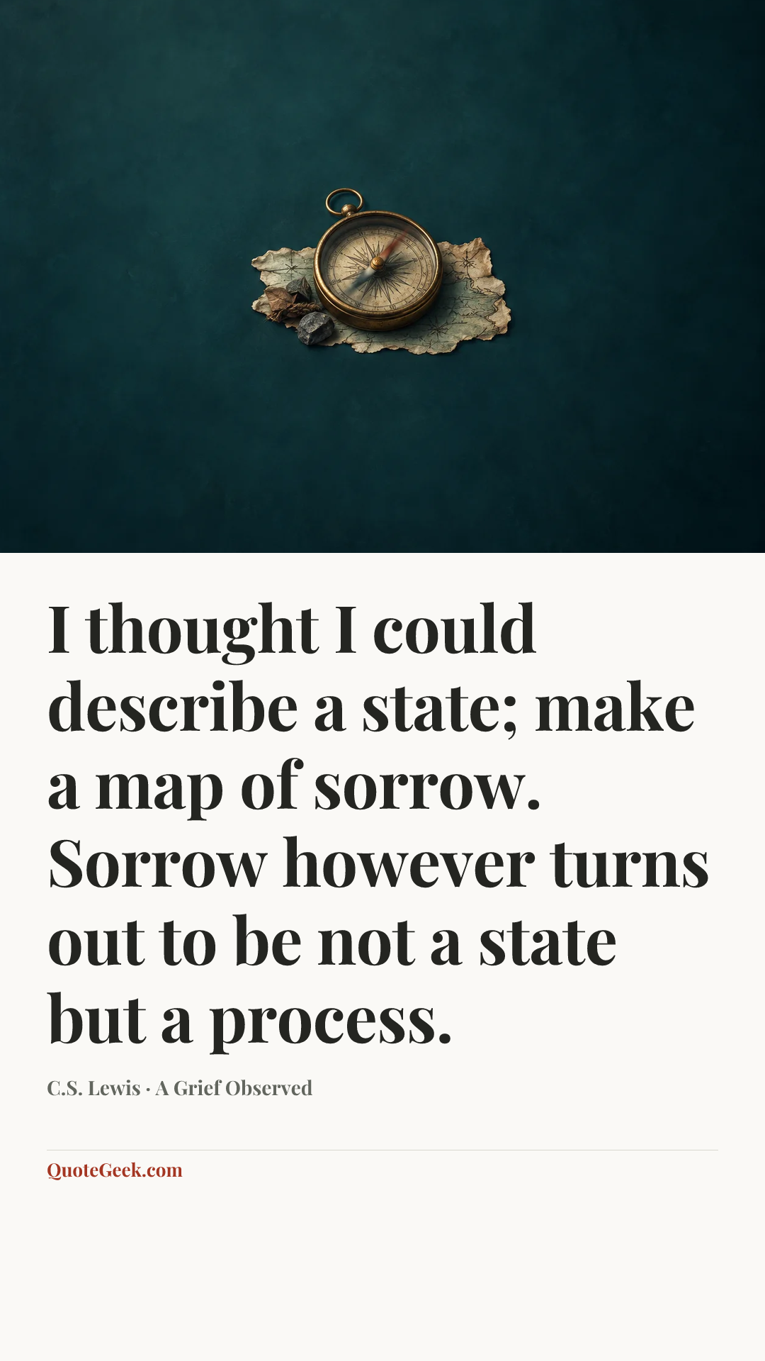 “I thought I could describe a state; make a map of sorrow. Sorrow however turns out to be not a state but a process.” — C.S. Lewis · A Grief Observed. Illustrated QuoteGeek card.