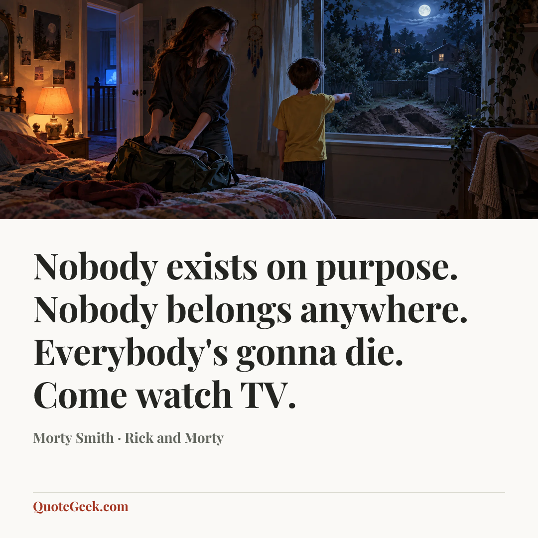“Nobody exists on purpose. Nobody belongs anywhere. Everybody's gonna die. Come watch TV.” — Morty Smith · Rick and Morty. Illustrated QuoteGeek card.