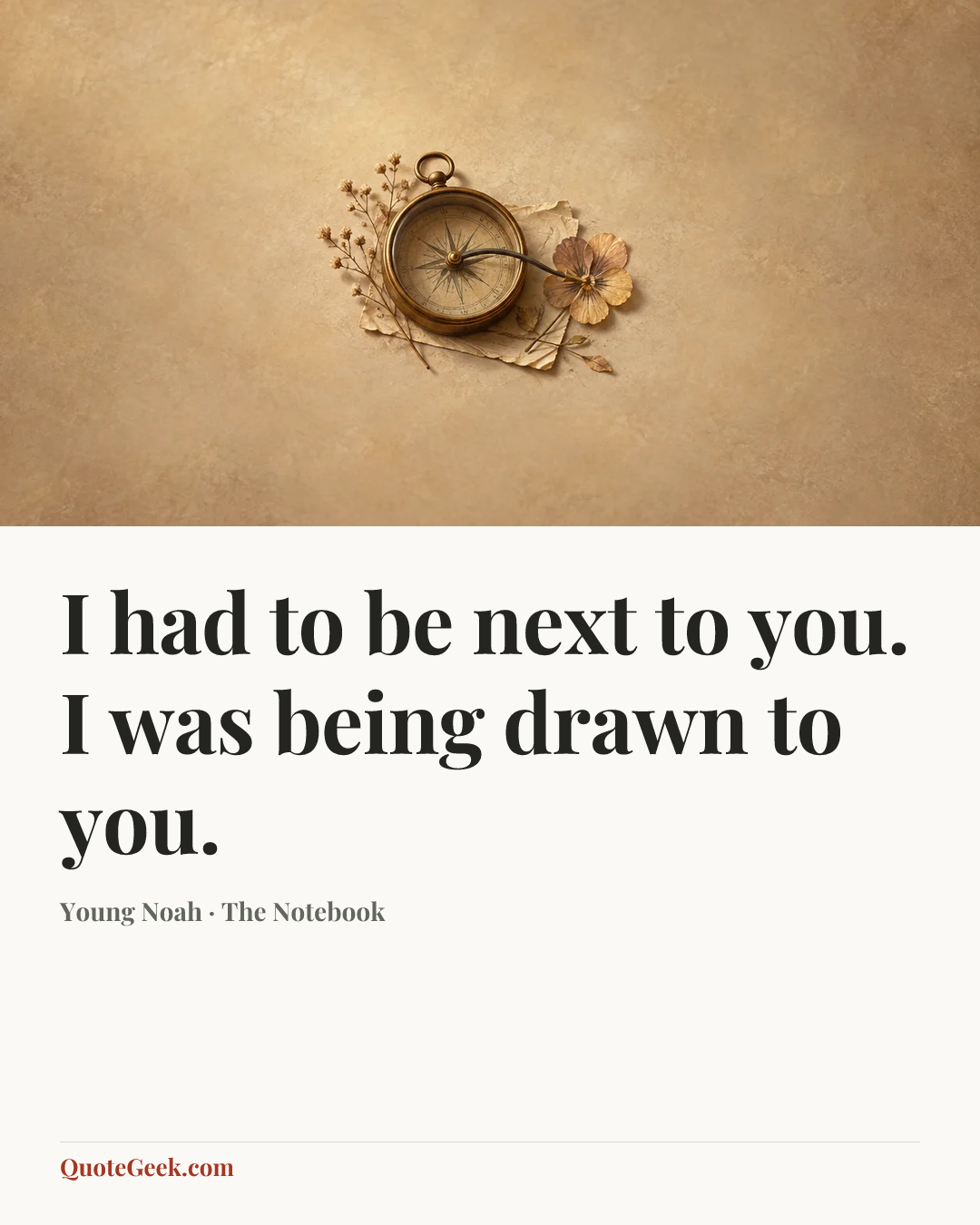 “I had to be next to you. I was being drawn to you.” — Young Noah · The Notebook. Illustrated QuoteGeek card.