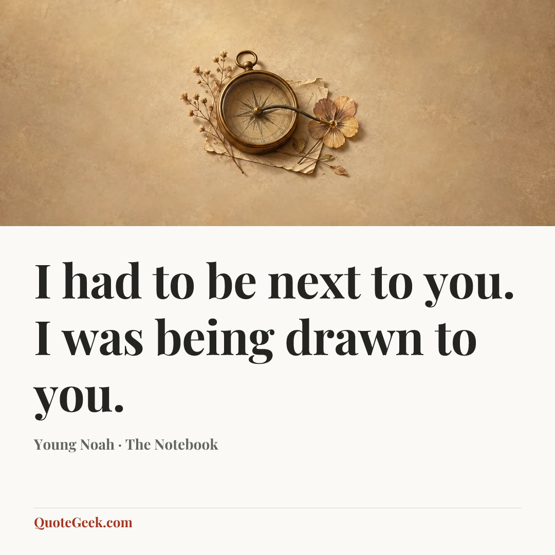 “I had to be next to you. I was being drawn to you.” — Young Noah · The Notebook. Illustrated QuoteGeek card.