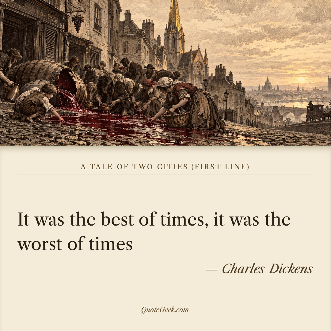 “It was the best of times, it was the worst of times” — Charles Dickens · A Tale of Two Cities (first line). Illustrated QuoteGeek card.