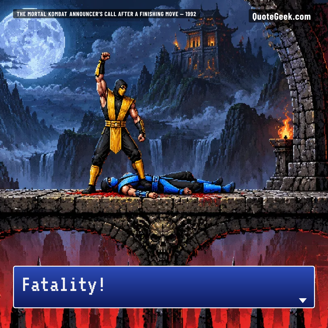 “Fatality!” — The Mortal Kombat announcer's call after a finishing move · Mortal Kombat. Illustrated QuoteGeek card.