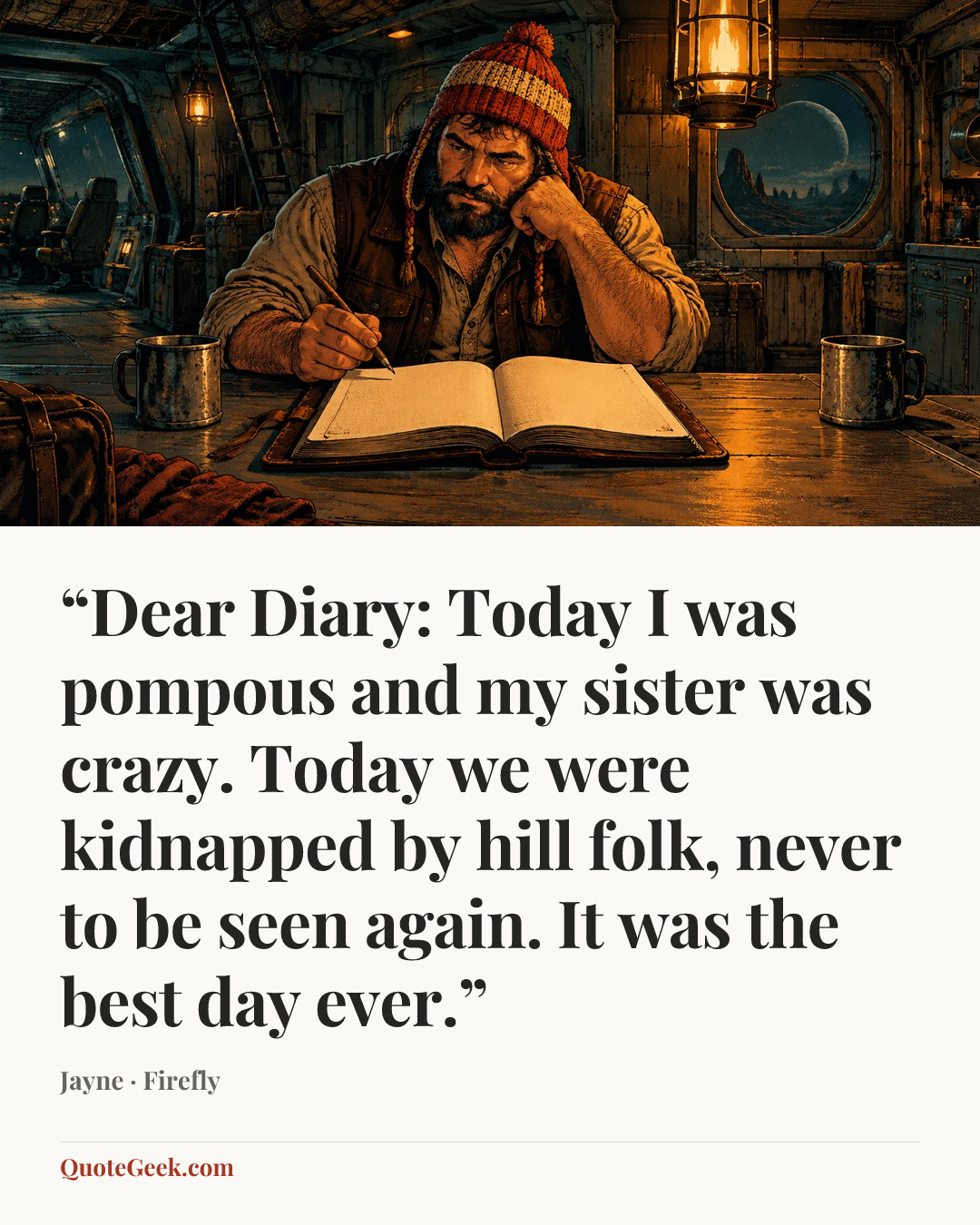 ““Dear Diary: Today I was pompous and my sister was crazy. Today we were kidnapped by hill folk, never to be seen again. It was the best day ever.”” — Jayne · Firefly. Illustrated QuoteGeek card.