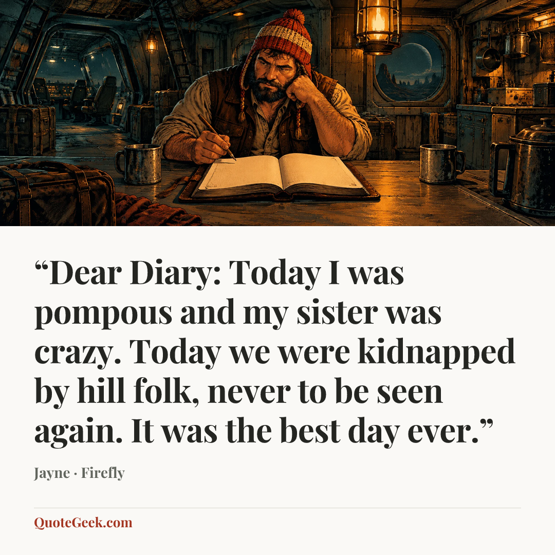 ““Dear Diary: Today I was pompous and my sister was crazy. Today we were kidnapped by hill folk, never to be seen again. It was the best day ever.”” — Jayne · Firefly. Illustrated QuoteGeek card.