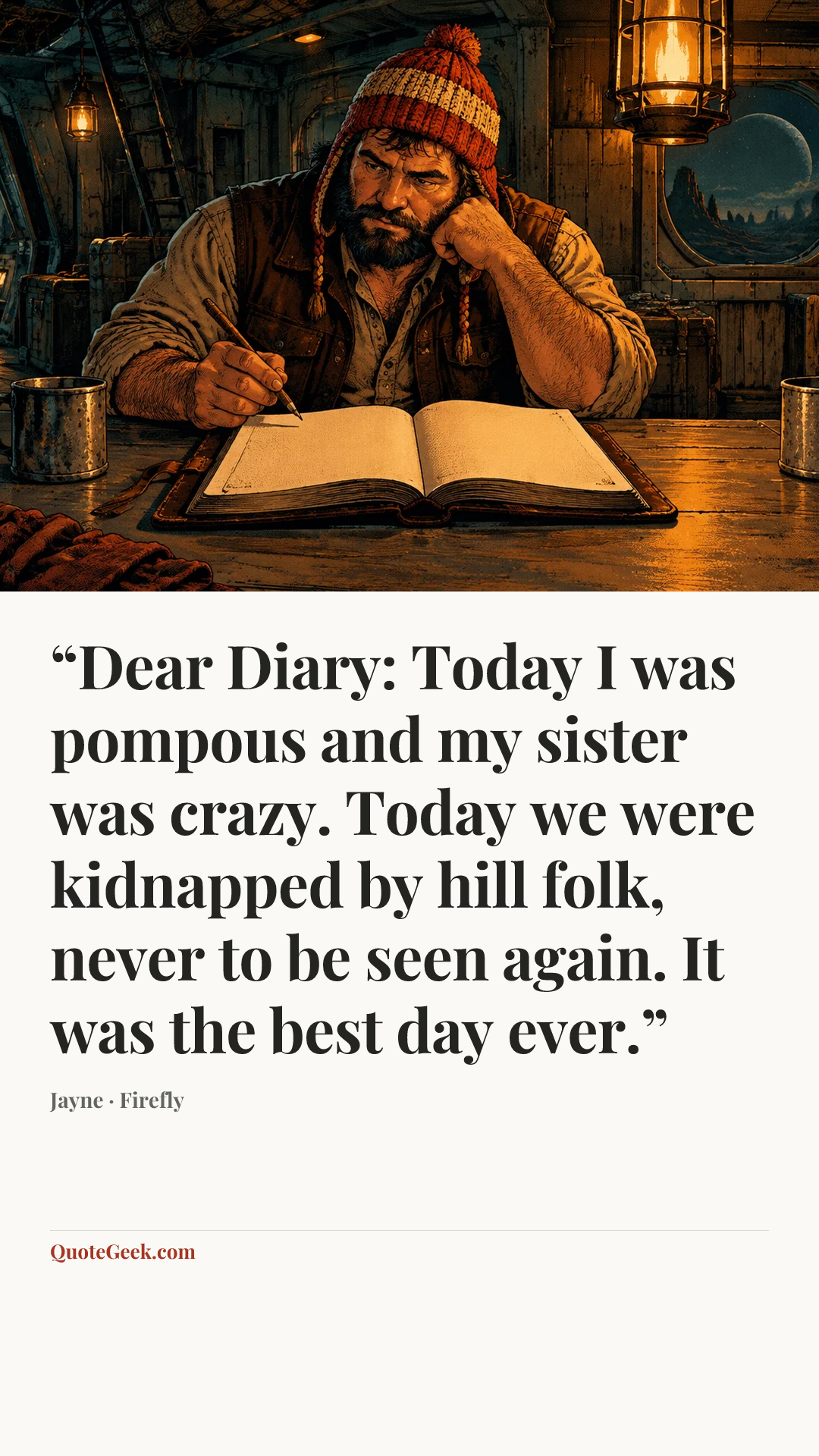 ““Dear Diary: Today I was pompous and my sister was crazy. Today we were kidnapped by hill folk, never to be seen again. It was the best day ever.”” — Jayne · Firefly. Illustrated QuoteGeek card.