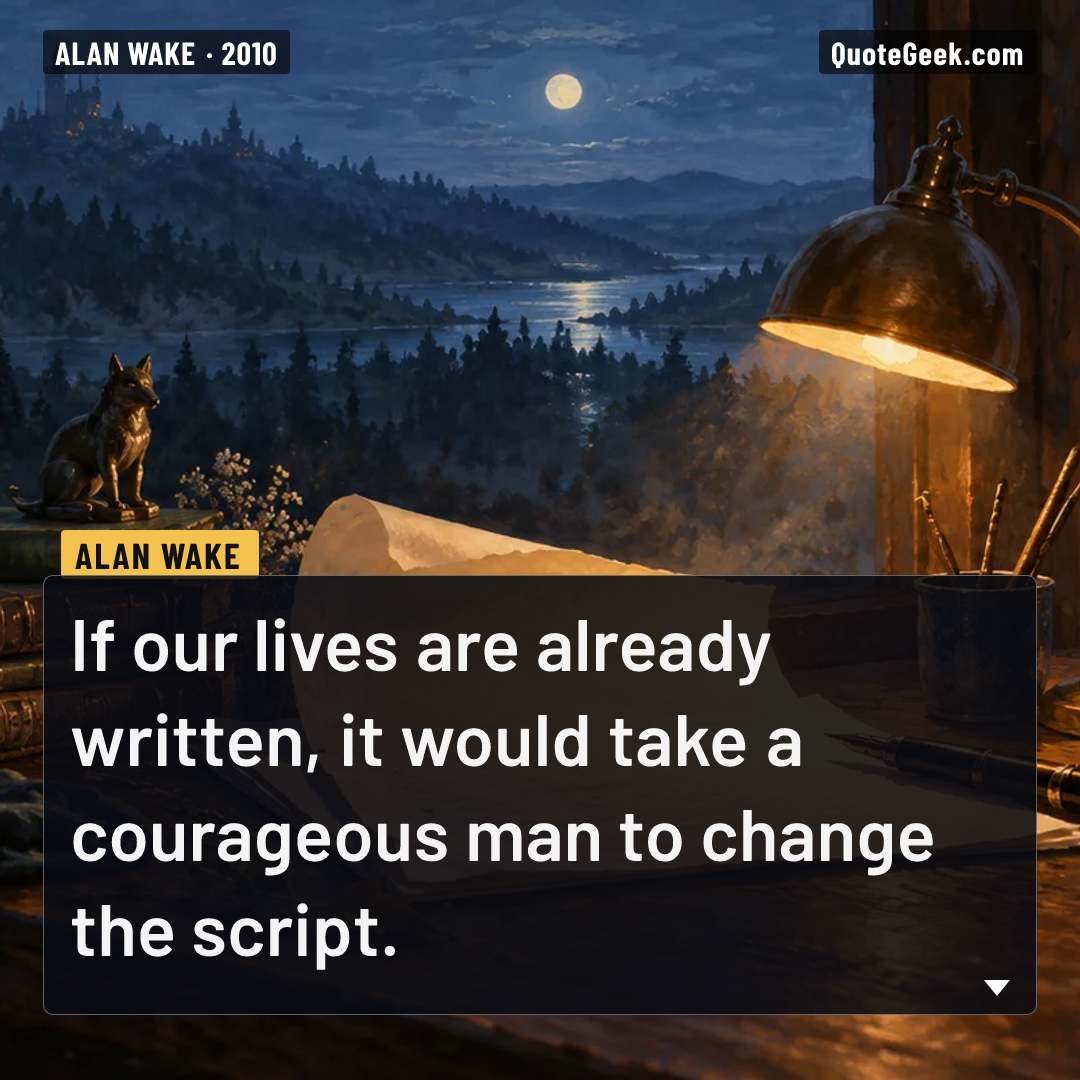 “If our lives are already written, it would take a courageous man to change the script.” — Alan Wake. Illustrated QuoteGeek card.