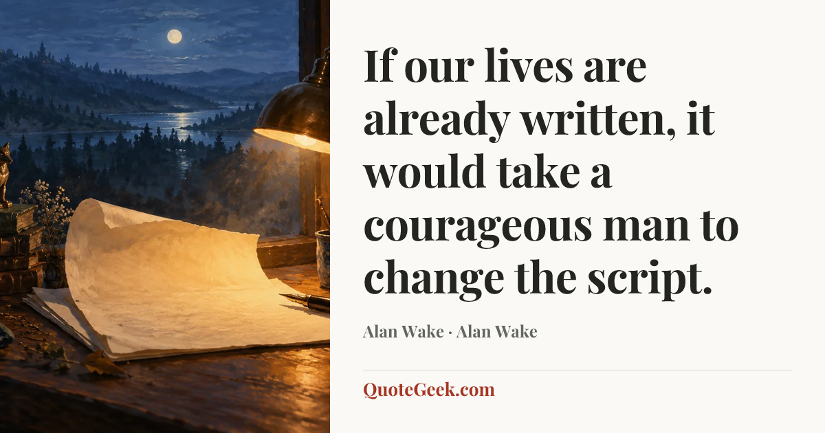 “If our lives are already written, it would take a courageous man to change the script.” — Alan Wake · Alan Wake. Illustrated QuoteGeek card.