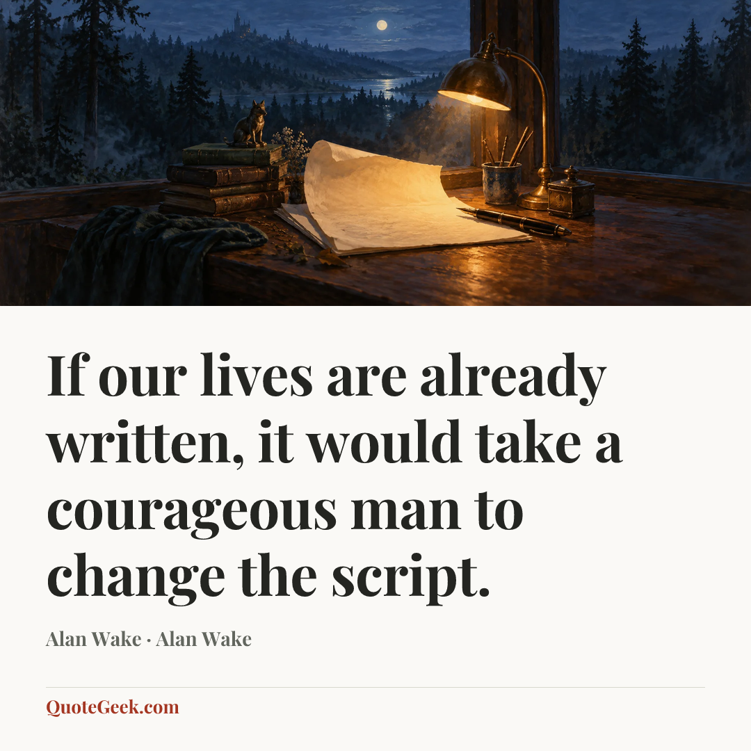 “If our lives are already written, it would take a courageous man to change the script.” — Alan Wake · Alan Wake. Illustrated QuoteGeek card.
