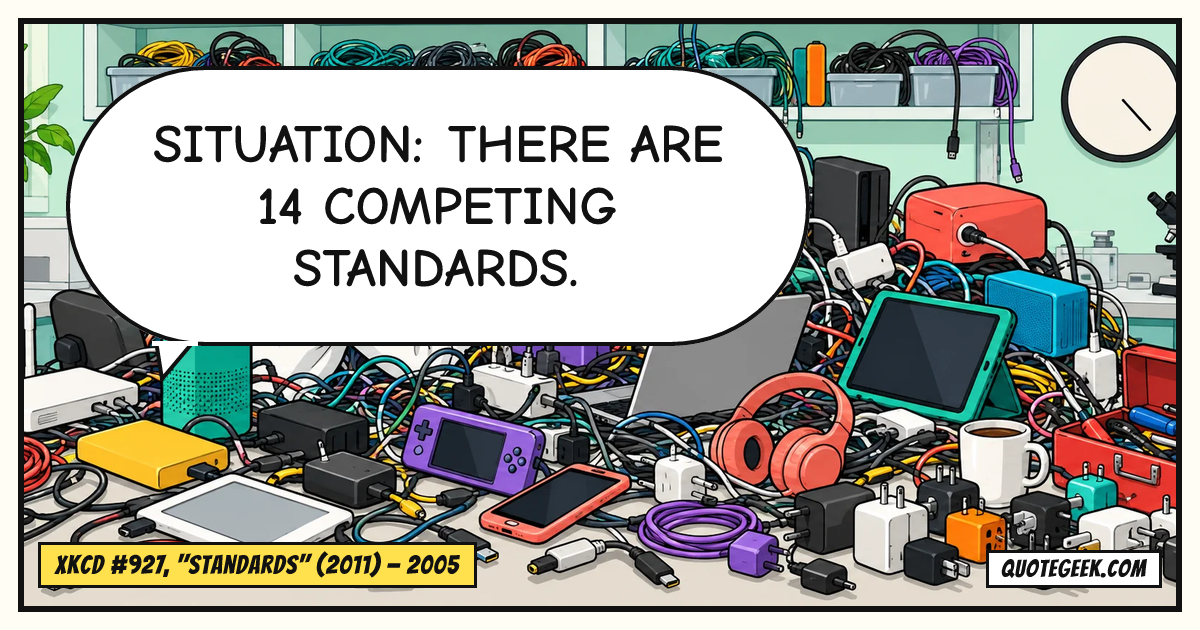 “Situation: there are 14 competing standards.” — xkcd #927, "Standards" (2011) · xkcd. Illustrated QuoteGeek card.