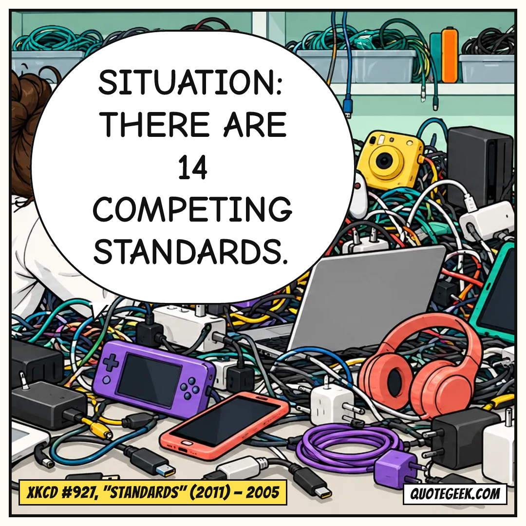 “Situation: there are 14 competing standards.” — xkcd #927, "Standards" (2011) · xkcd. Illustrated QuoteGeek card.