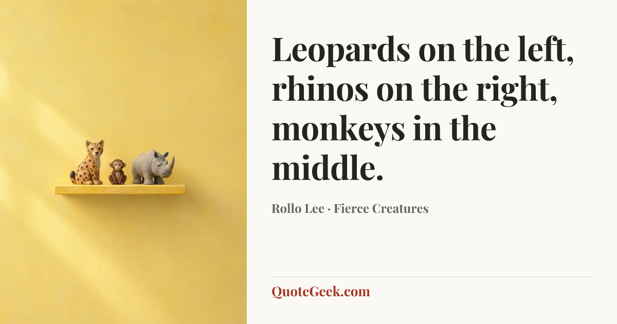 “Leopards on the left, rhinos on the right, monkeys in the middle.” — Rollo Lee · Fierce Creatures. Illustrated QuoteGeek card.