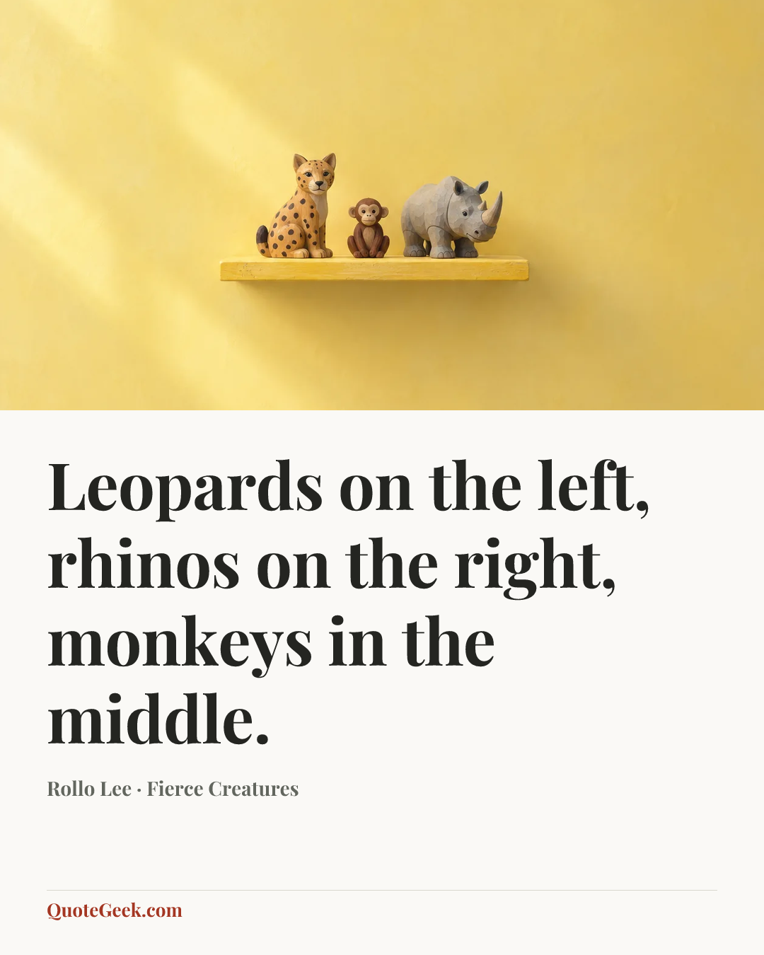 “Leopards on the left, rhinos on the right, monkeys in the middle.” — Rollo Lee · Fierce Creatures. Illustrated QuoteGeek card.