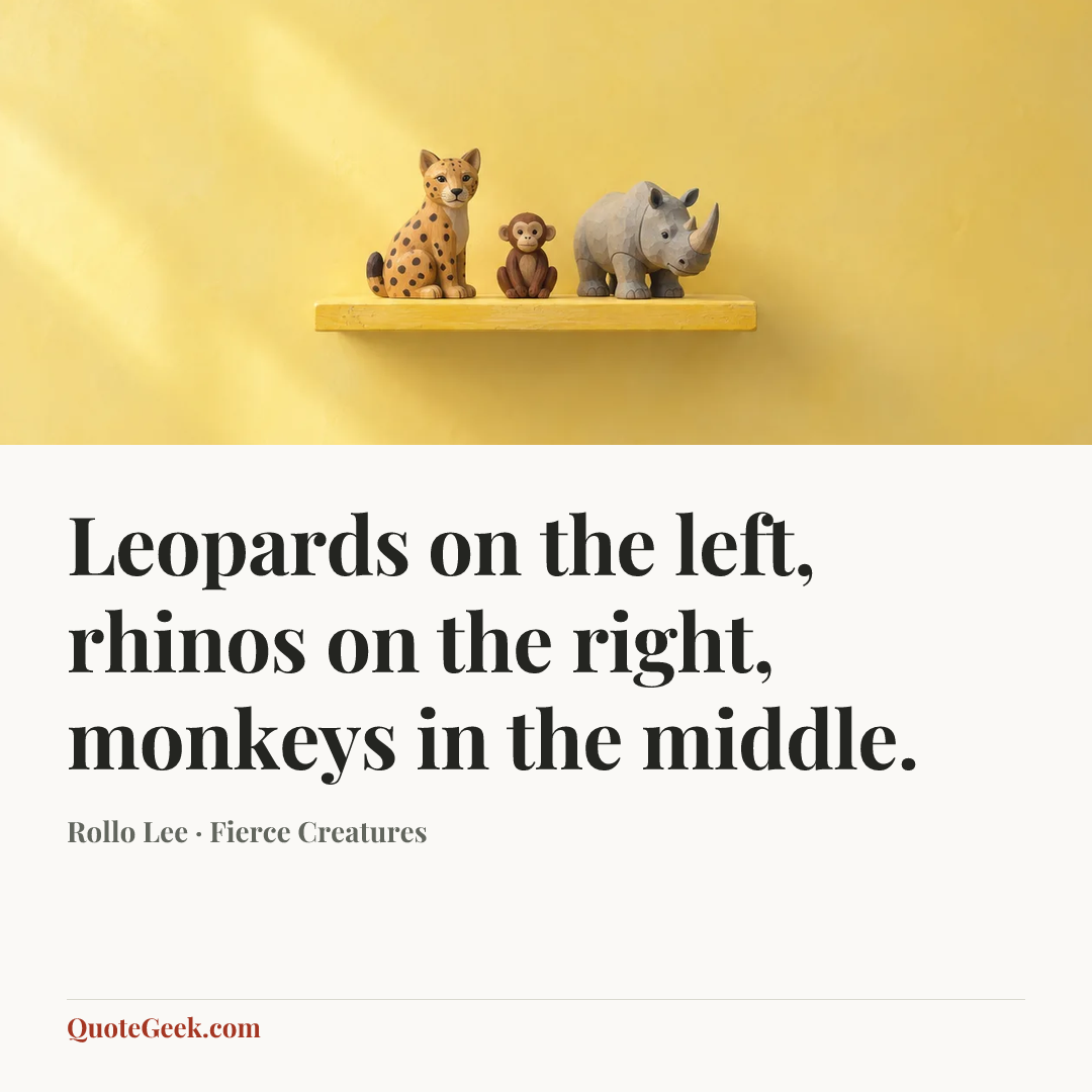 “Leopards on the left, rhinos on the right, monkeys in the middle.” — Rollo Lee · Fierce Creatures. Illustrated QuoteGeek card.