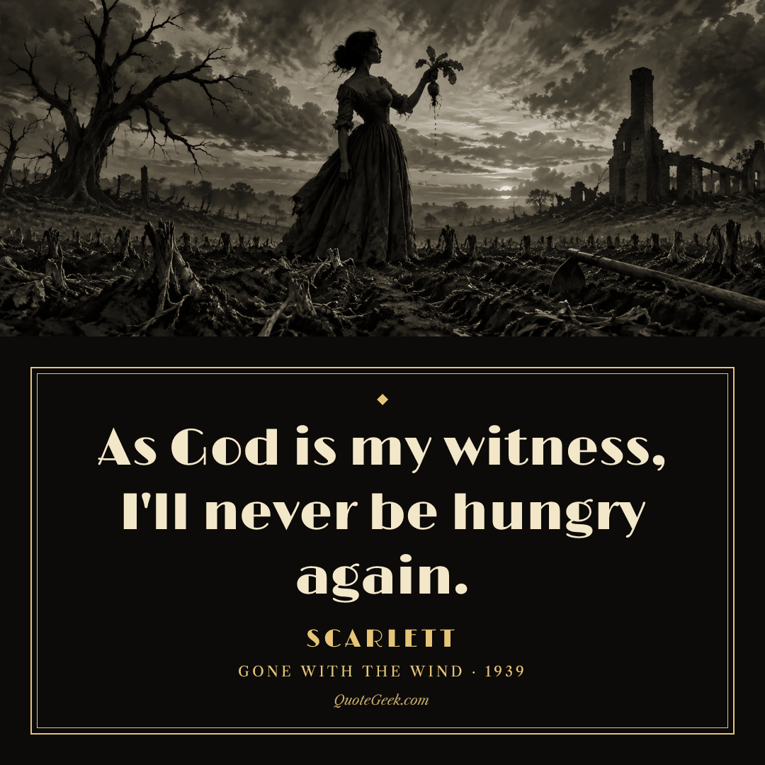 “As God is my witness, I'll never be hungry again.” — Scarlett · Gone with the Wind. Illustrated QuoteGeek card.