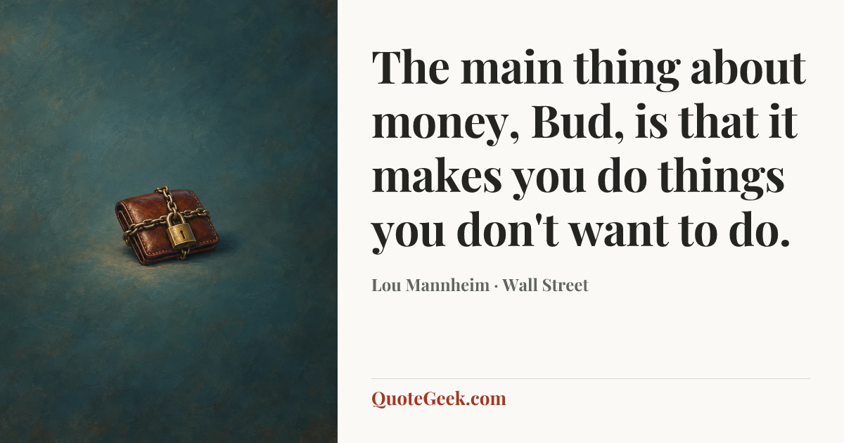“The main thing about money, Bud, is that it makes you do things you don't want to do.” — Lou Mannheim · Wall Street. Illustrated QuoteGeek card.