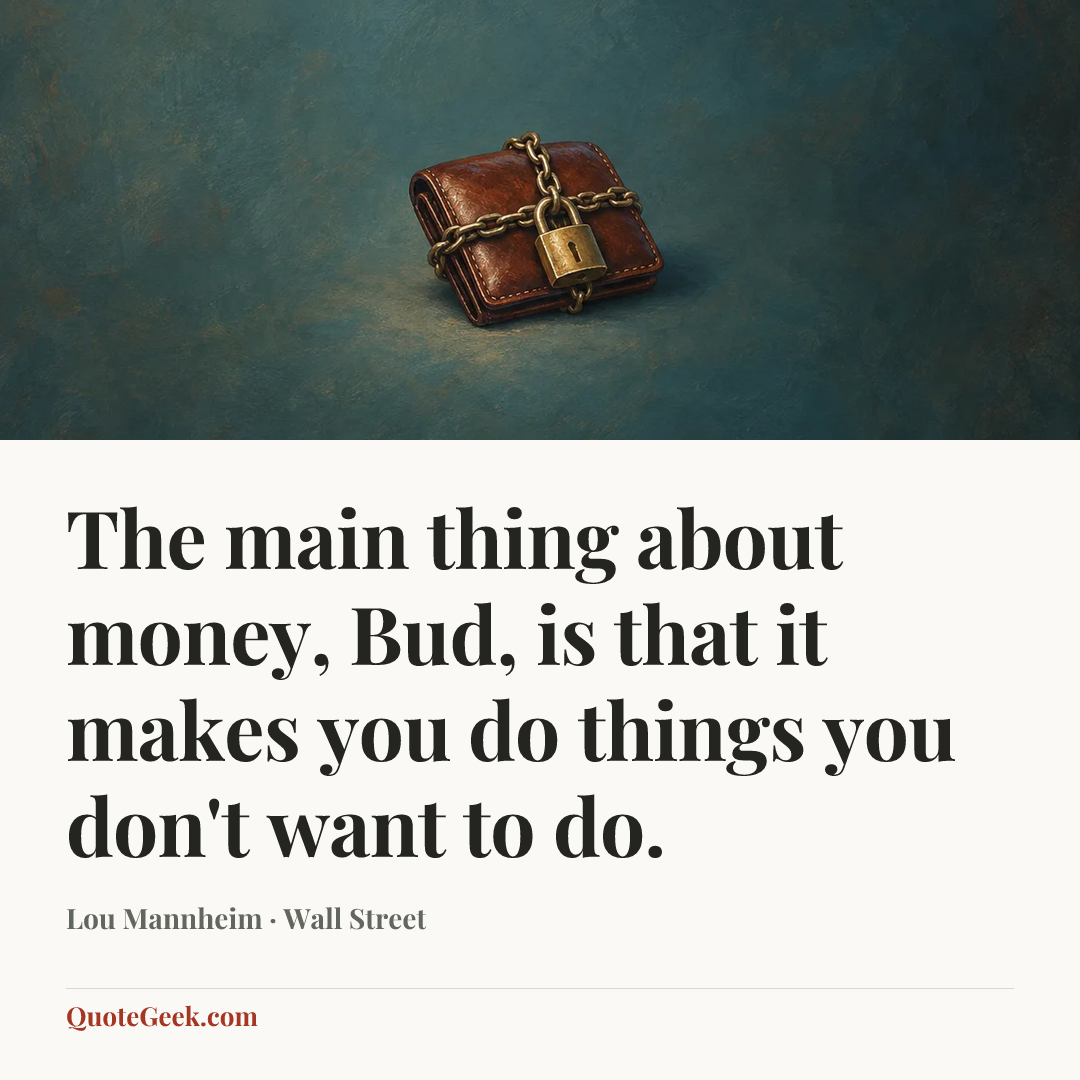 “The main thing about money, Bud, is that it makes you do things you don't want to do.” — Lou Mannheim · Wall Street. Illustrated QuoteGeek card.